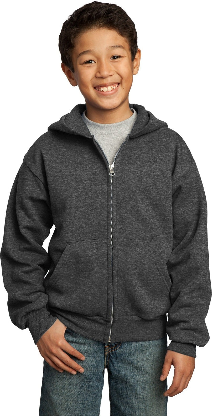 Front View of Dark Hthr Grey Port & Co Youth Core Fleece Full-Zip Hooded Sweatshirt. PC90YZH