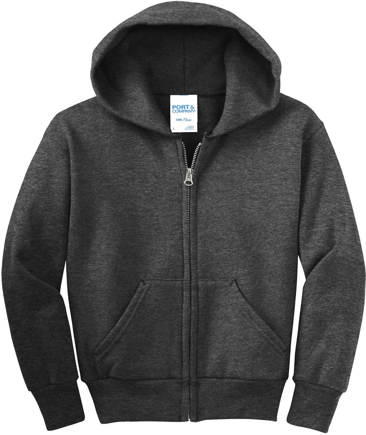 Front View of Dark Hthr Grey Port & Co Youth Core Fleece Full-Zip Hooded Sweatshirt. PC90YZH