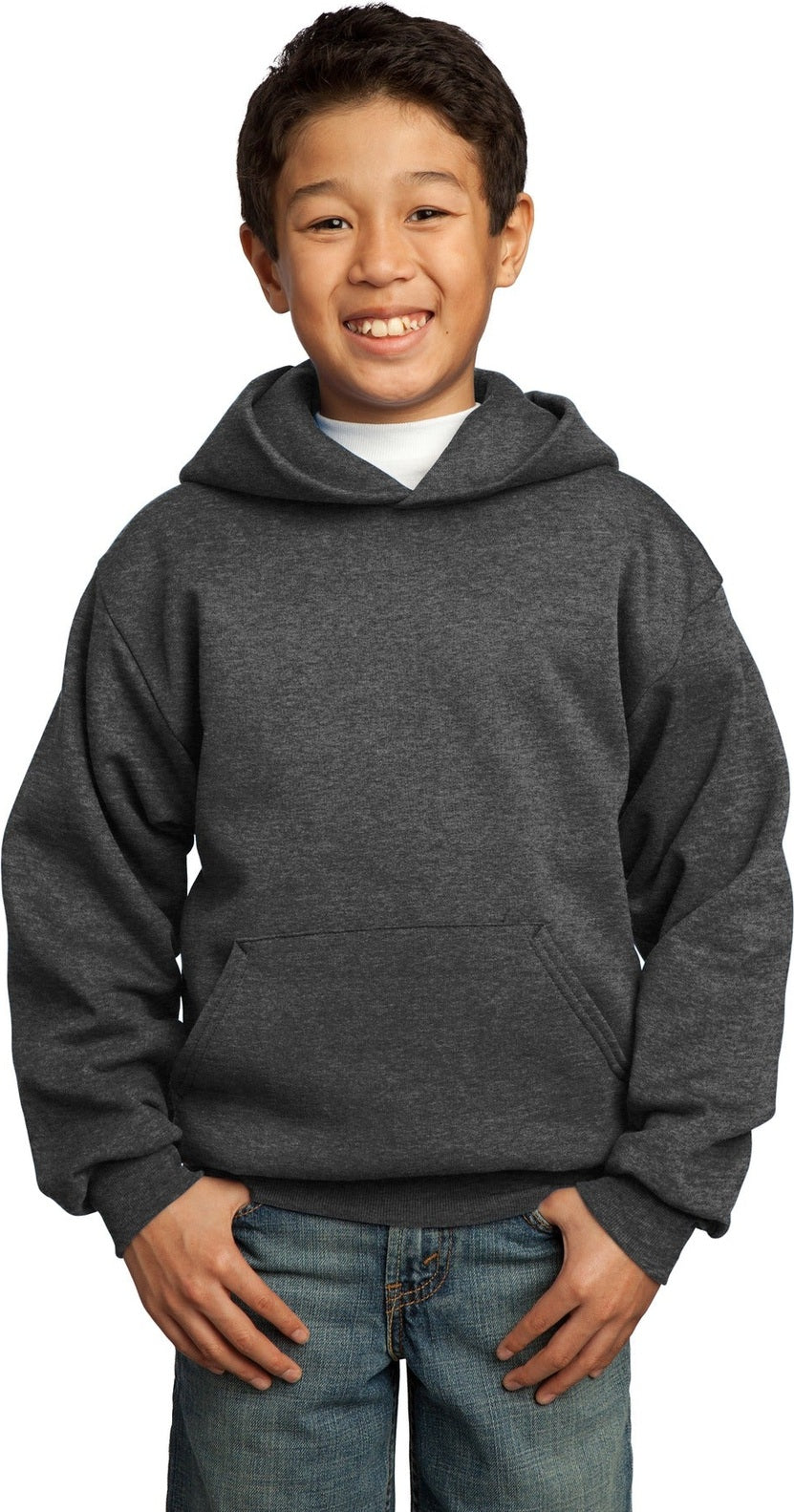 Front View of Dark Hthr Grey Port & Co Youth Core Fleece Pullover Hooded Sweatshirt. PC90YH