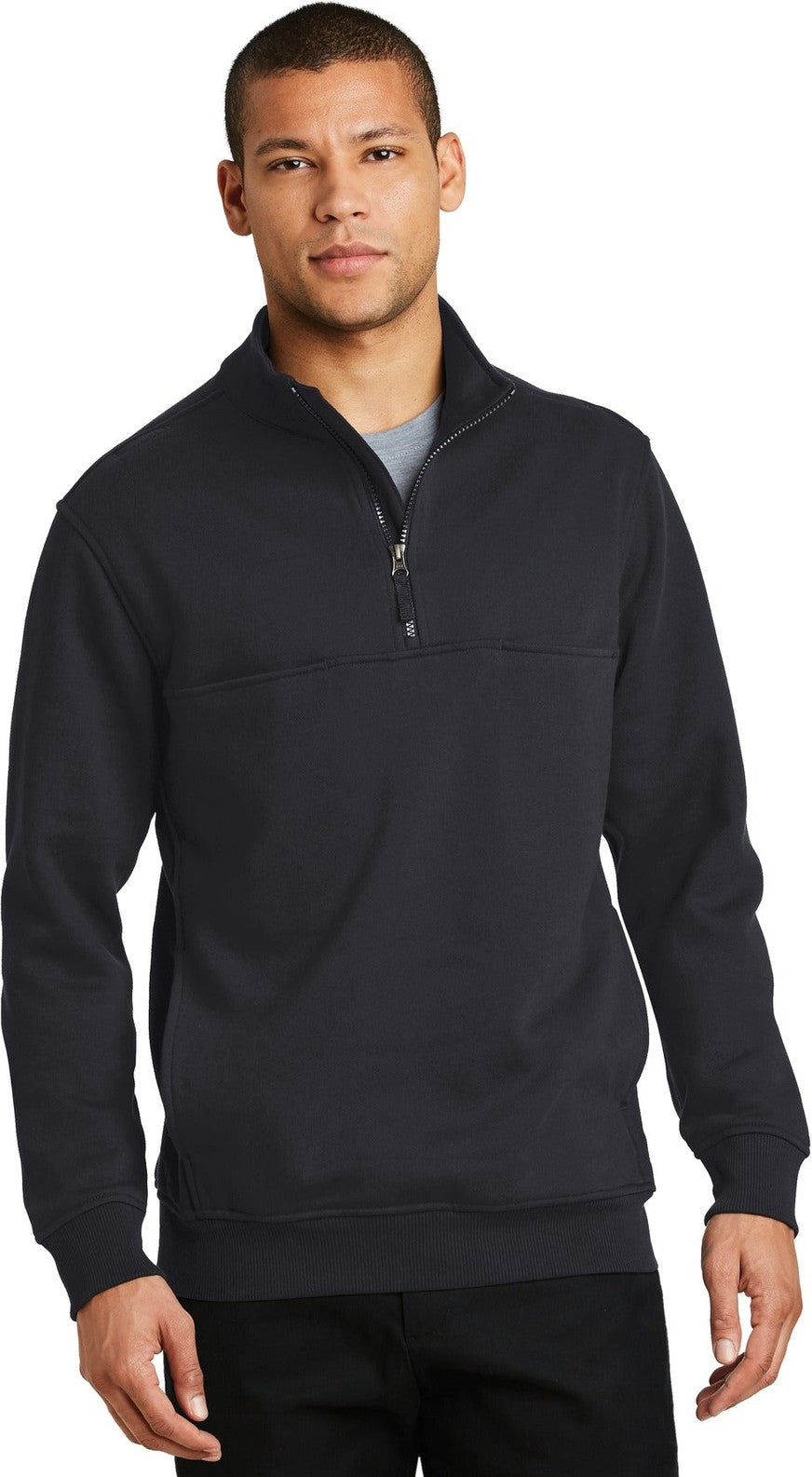 Front View of Dark Navy CornerStone 1/2-Zip Job Shirt. CS626