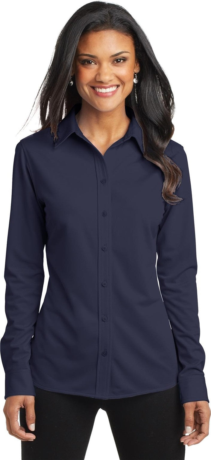 Front View of Dark Navy Port Authority Women's Dimension Knit Dress Shirt. L570