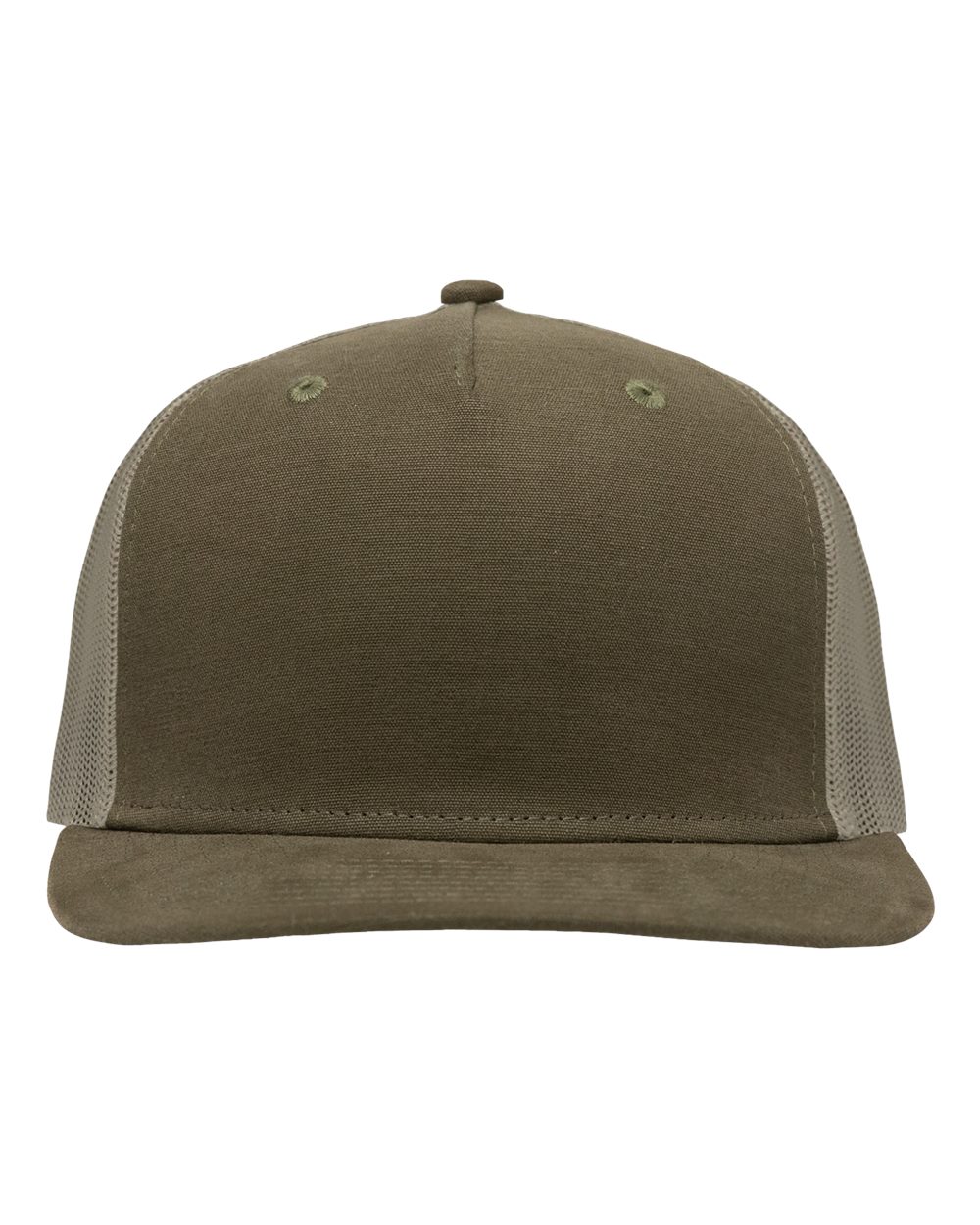 Front View of Dark Olive Green/ Khaki Modern Five-Panel Trucker Fit Cap - SP1550