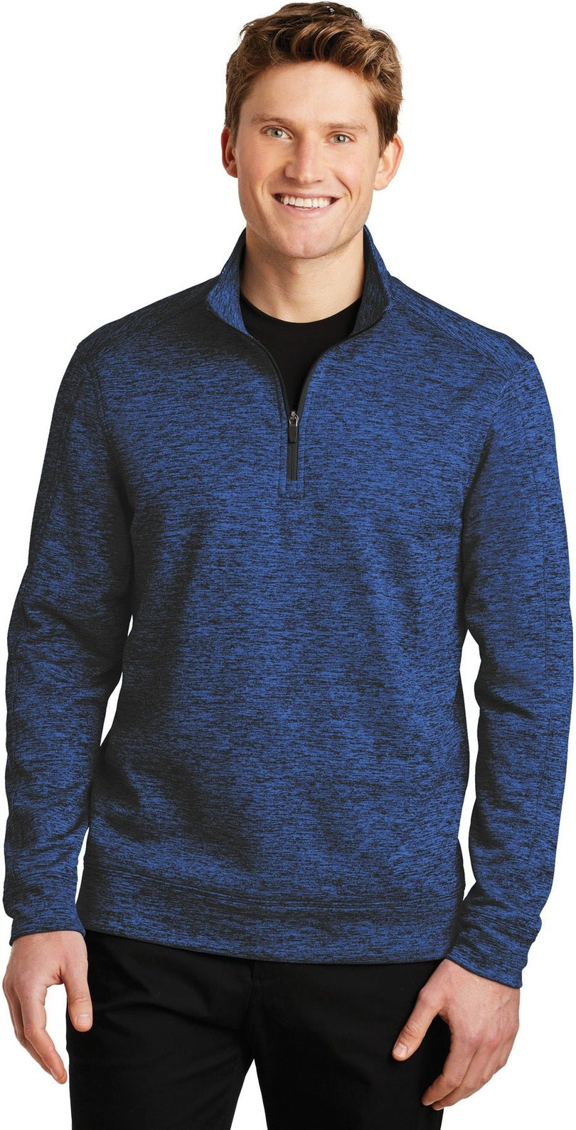 Front View of Dark Roy-Bk El Sport-Tek PosiCharge Electric Heather Fleece 1/4-Zip Pullover. ST226
