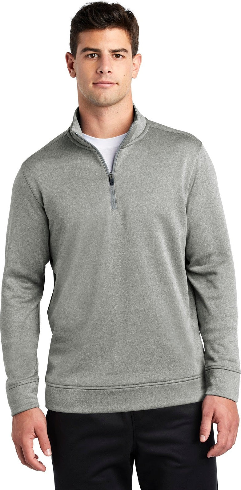 Front View of Dark Silver He Sport-Tek PosiCharge Sport-Wick Heather Fleece 1/4-Zip Pullover. ST263