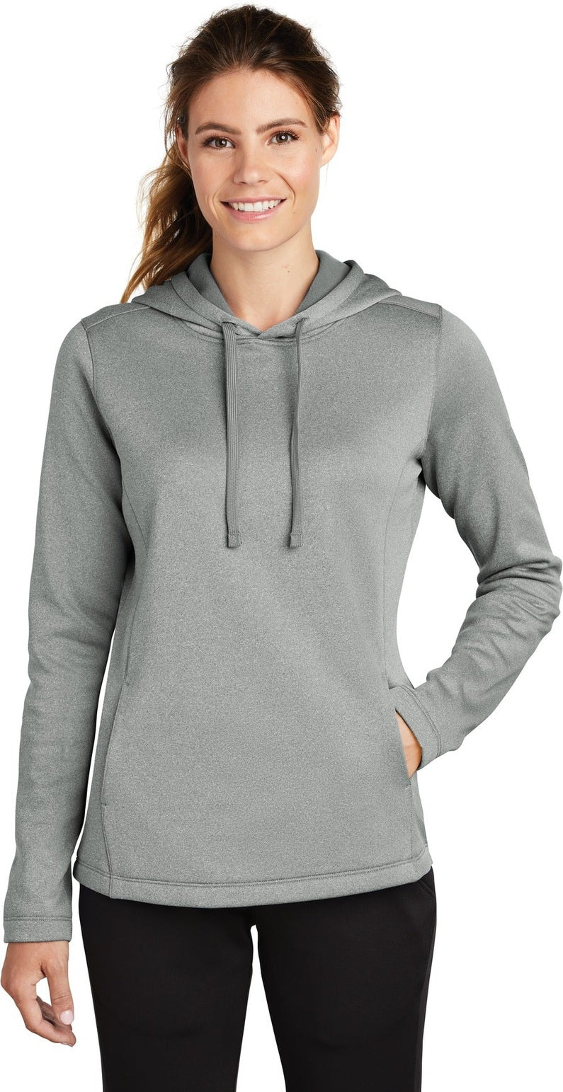Front View of Dark Silver He Sport-Tek Women's PosiCharge Sport-Wick Heather Fleece Hooded Pullover. LST264
