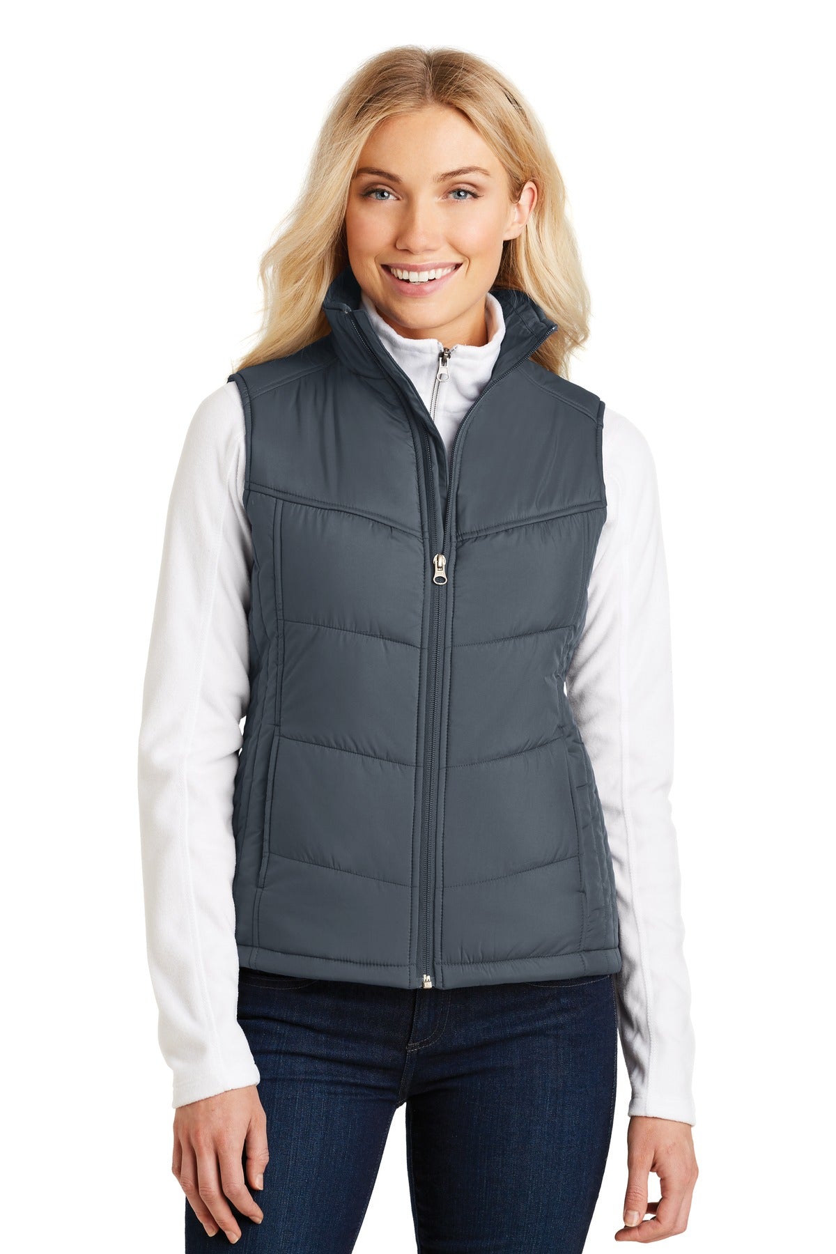 Front View of Dark Slate Port Authority Women's Puffy Vest. L709