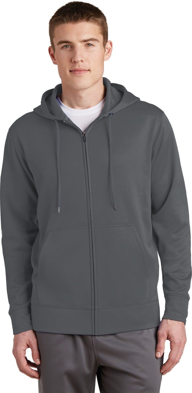 Front View of Dark Smk Grey Sport-Tek Sport-Wick Fleece Full-Zip Hooded Jacket. ST238