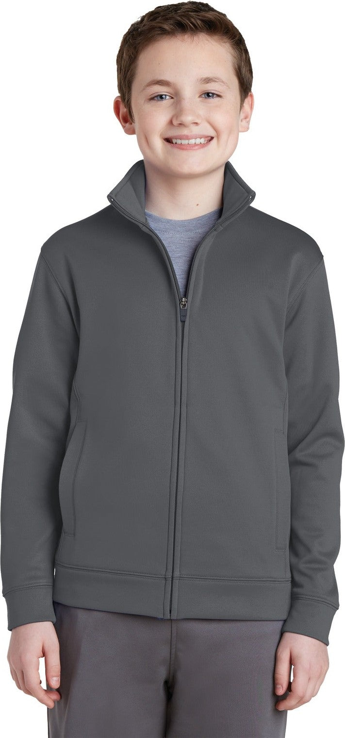 Front View of Dark Smk Grey Sport-Tek Youth Sport-Wick Fleece Full-Zip Jacket. YST241