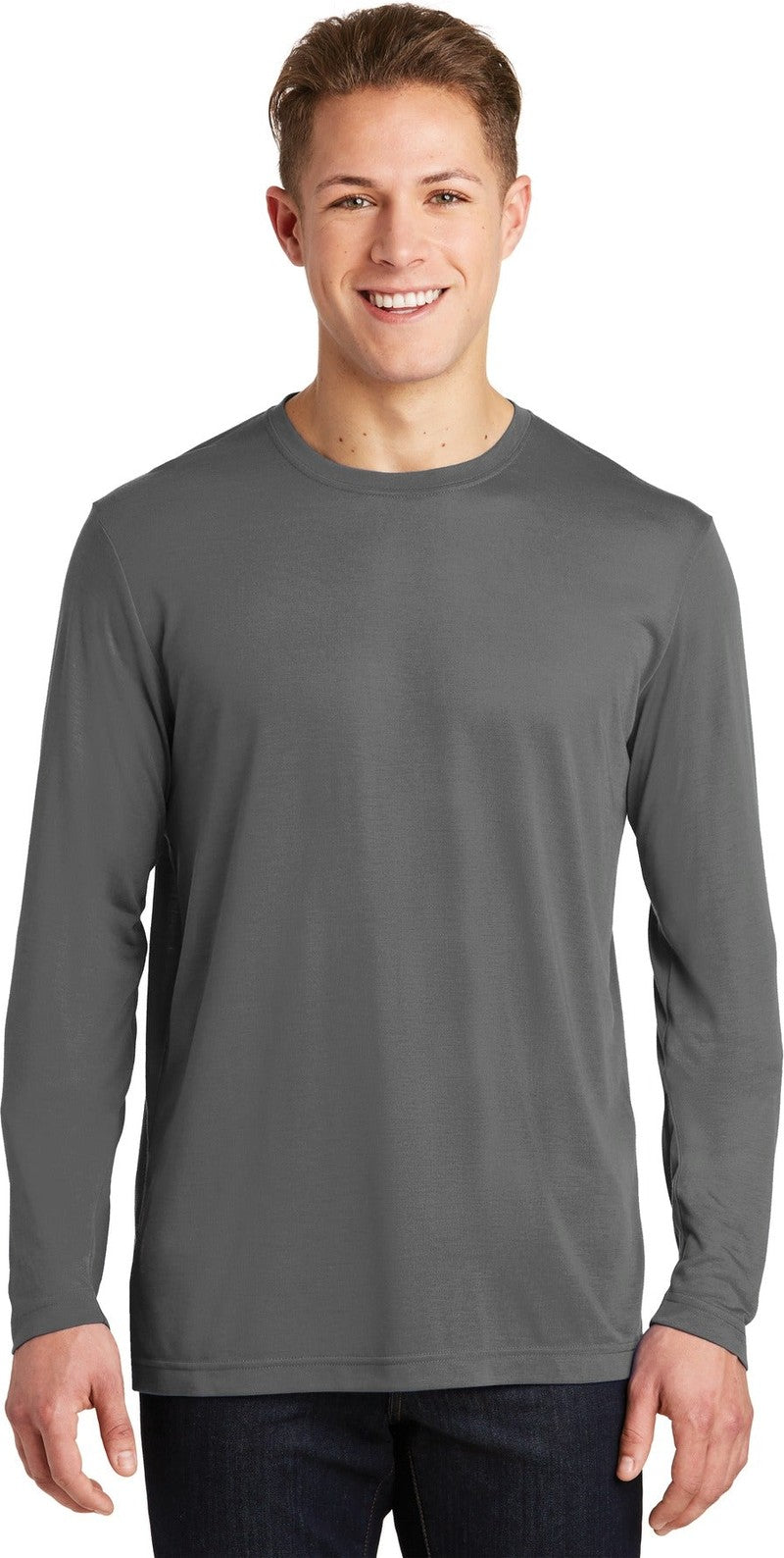 Front View of Dark Smoke Gry Sport-Tek Long Sleeve PosiCharge Competitor Cotton Touch Tee. ST450LS