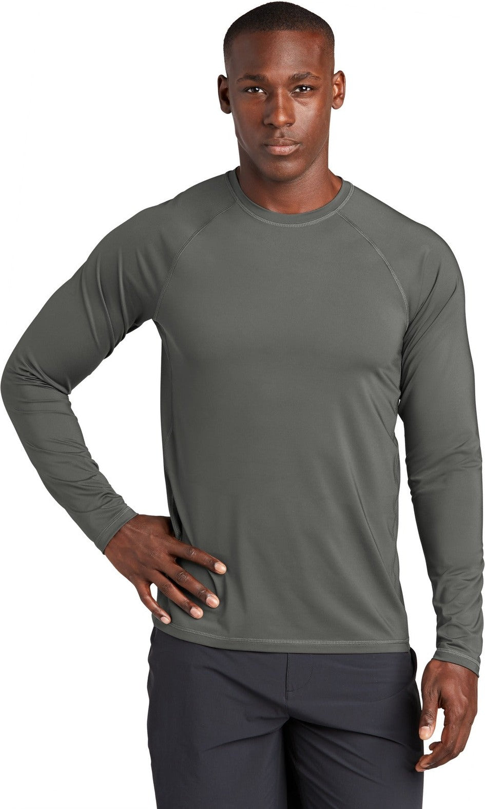 Front View of Dark Smoke Gry Sport-Tek Long Sleeve Rashguard Tee. ST470LS