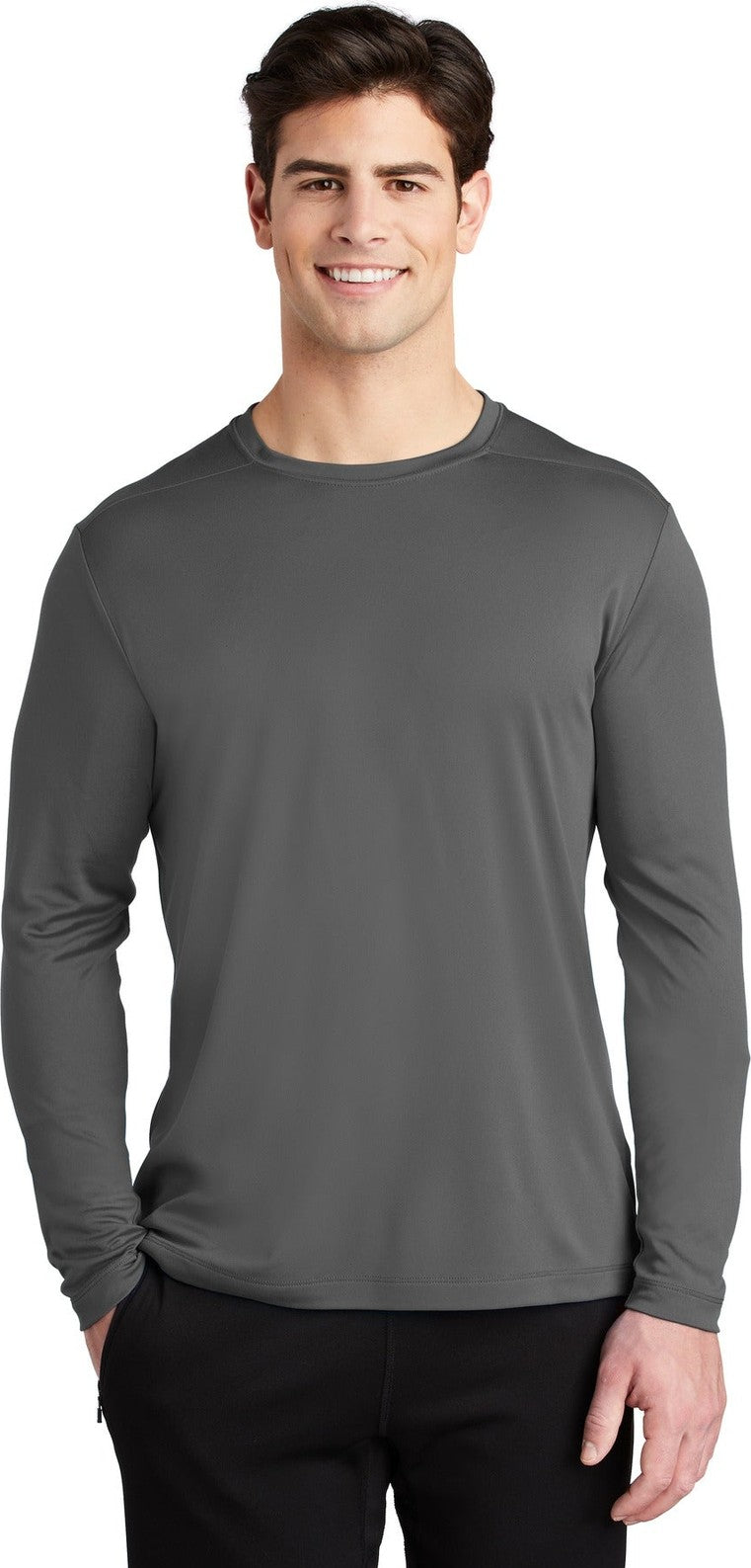 Front View of Dark Smoke Gry Sport-Tek Posi-UV Pro Long Sleeve Tee. ST420LS