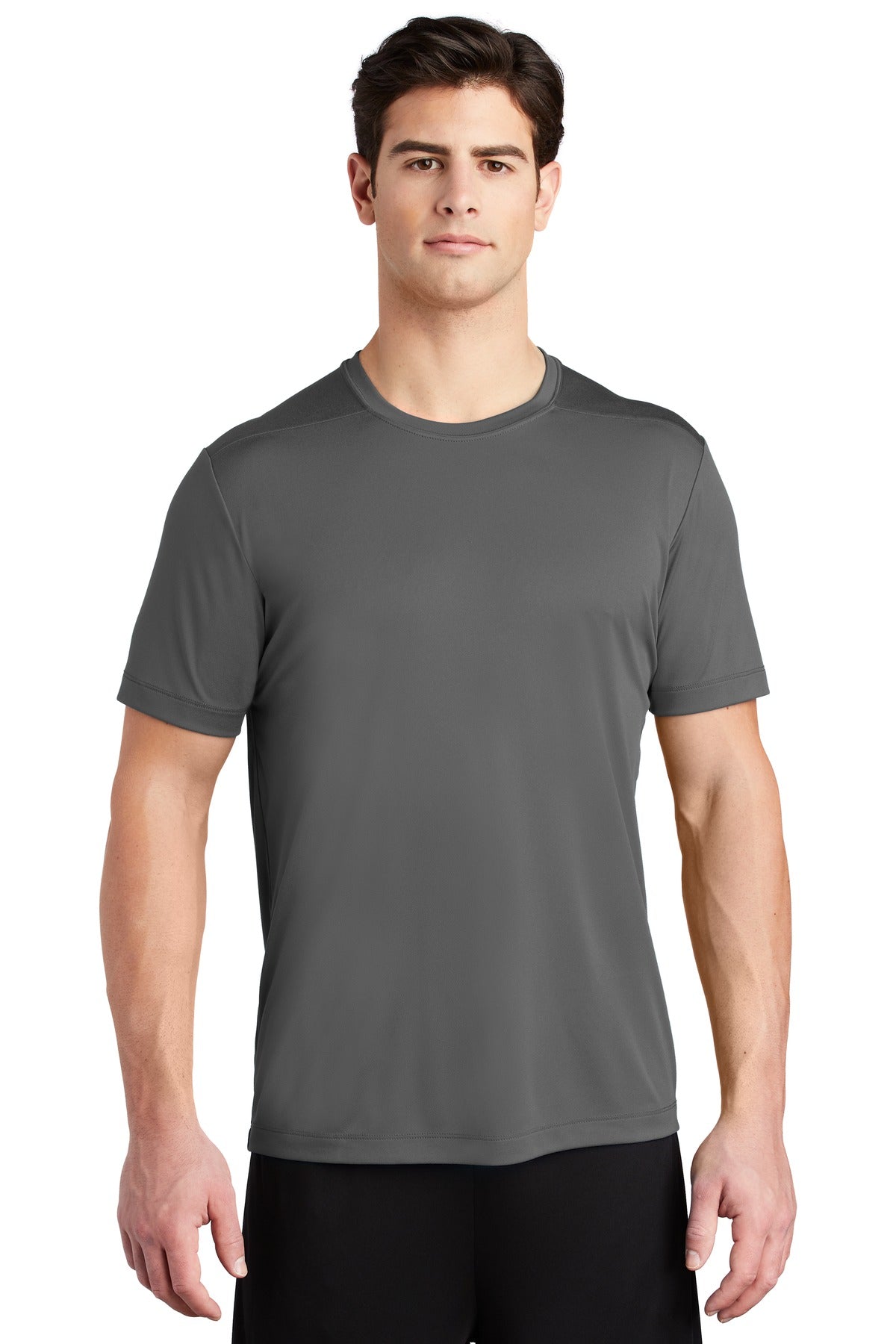 Front View of Dark Smoke Gry Sport-Tek Posi-UV Pro Tee. ST420