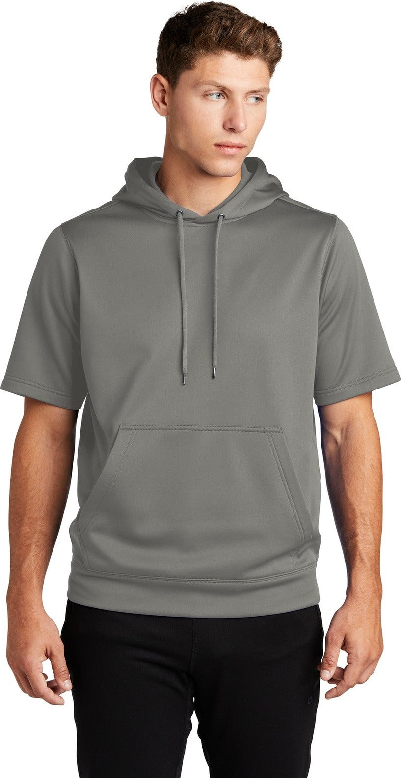 Front View of Dark Smoke Gry Sport-Tek Sport-Wick Fleece Short Sleeve Hooded Pullover. ST251