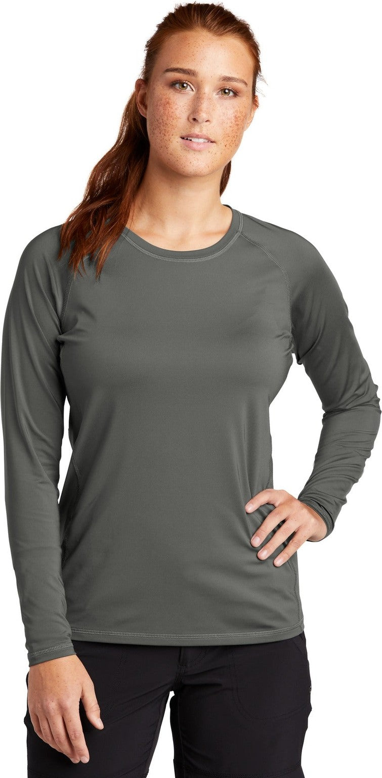 Front View of Dark Smoke Gry Sport-Tek Women's Long Sleeve Rashguard Tee. LST470LS
