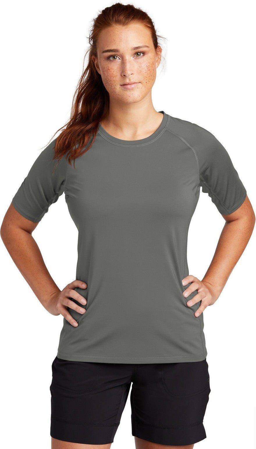 Front View of Dark Smoke Gry Sport-Tek Women's Rashguard Tee. LST470