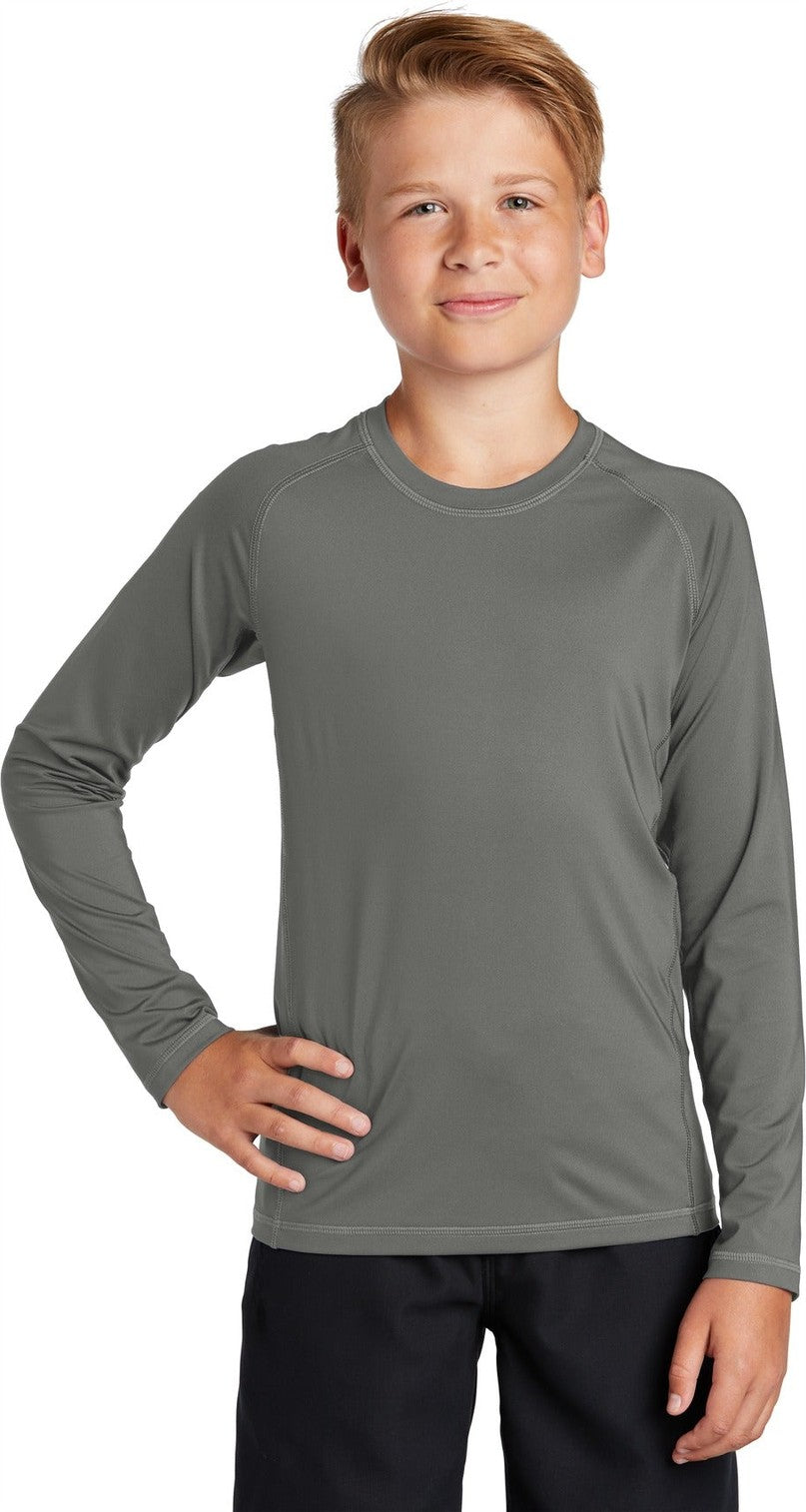 Front View of Dark Smoke Gry Sport-Tek Youth Long Sleeve Rashguard Tee. YST470LS