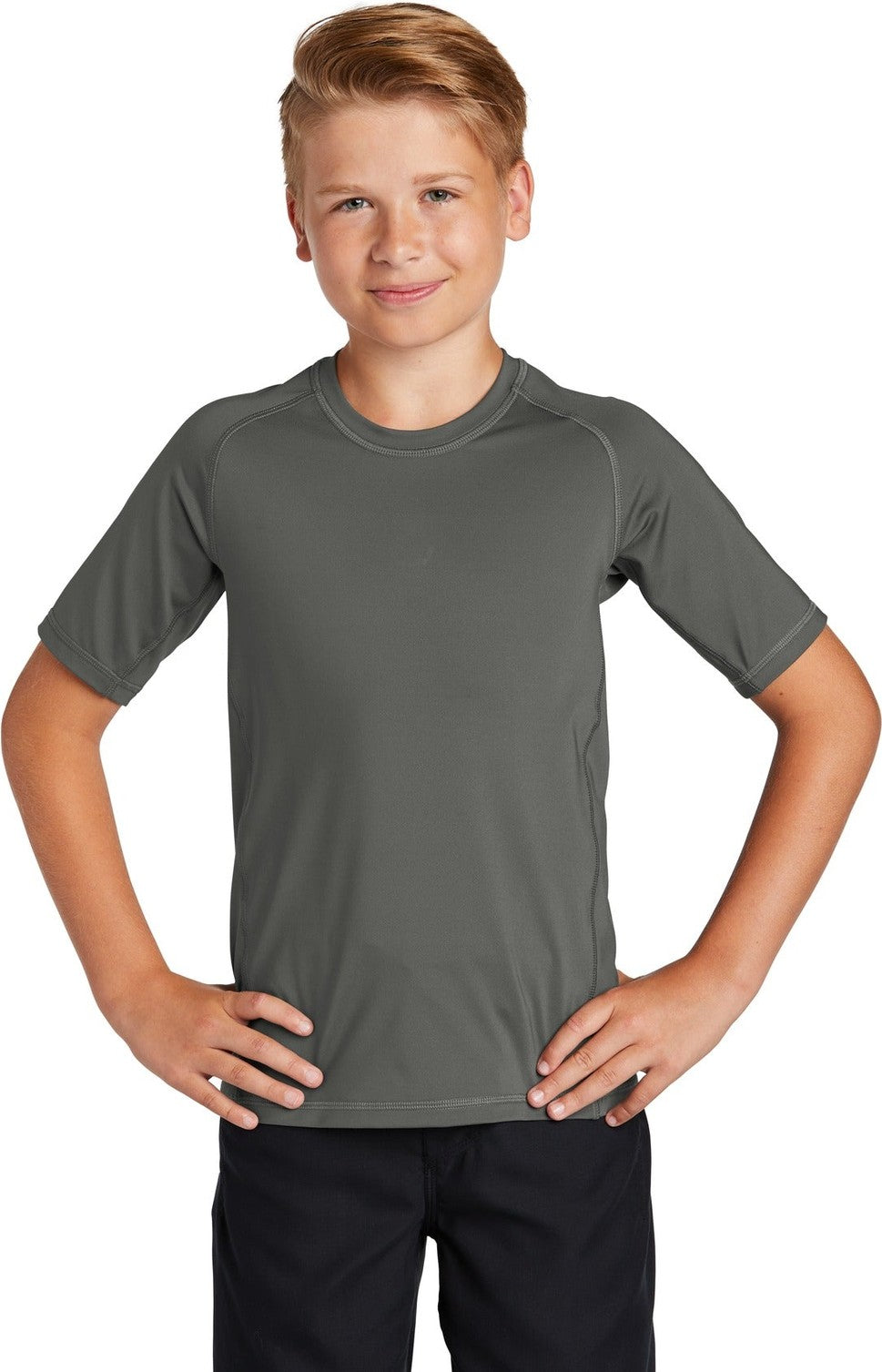 Front View of Dark Smoke Gry Sport-Tek Youth Rashguard Tee. YST470