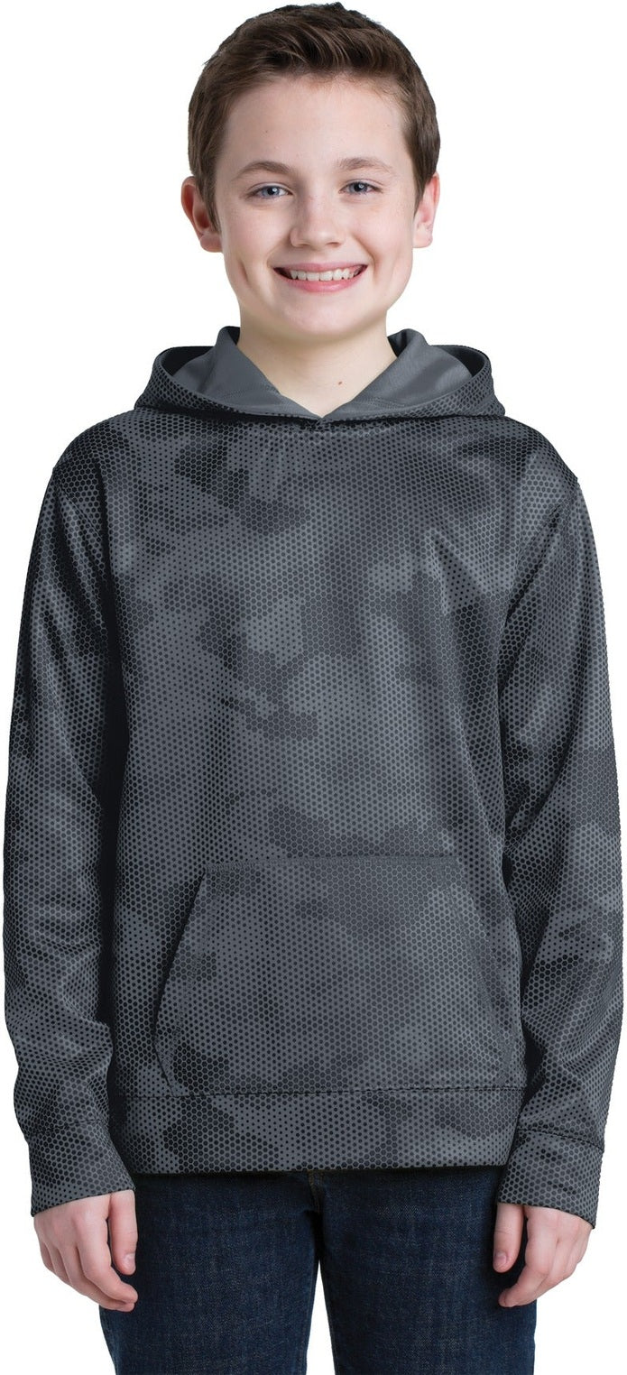Front View of Dark Smoke Gry Sport-Tek Youth Sport-Wick CamoHex Fleece Hooded Pullover. YST240