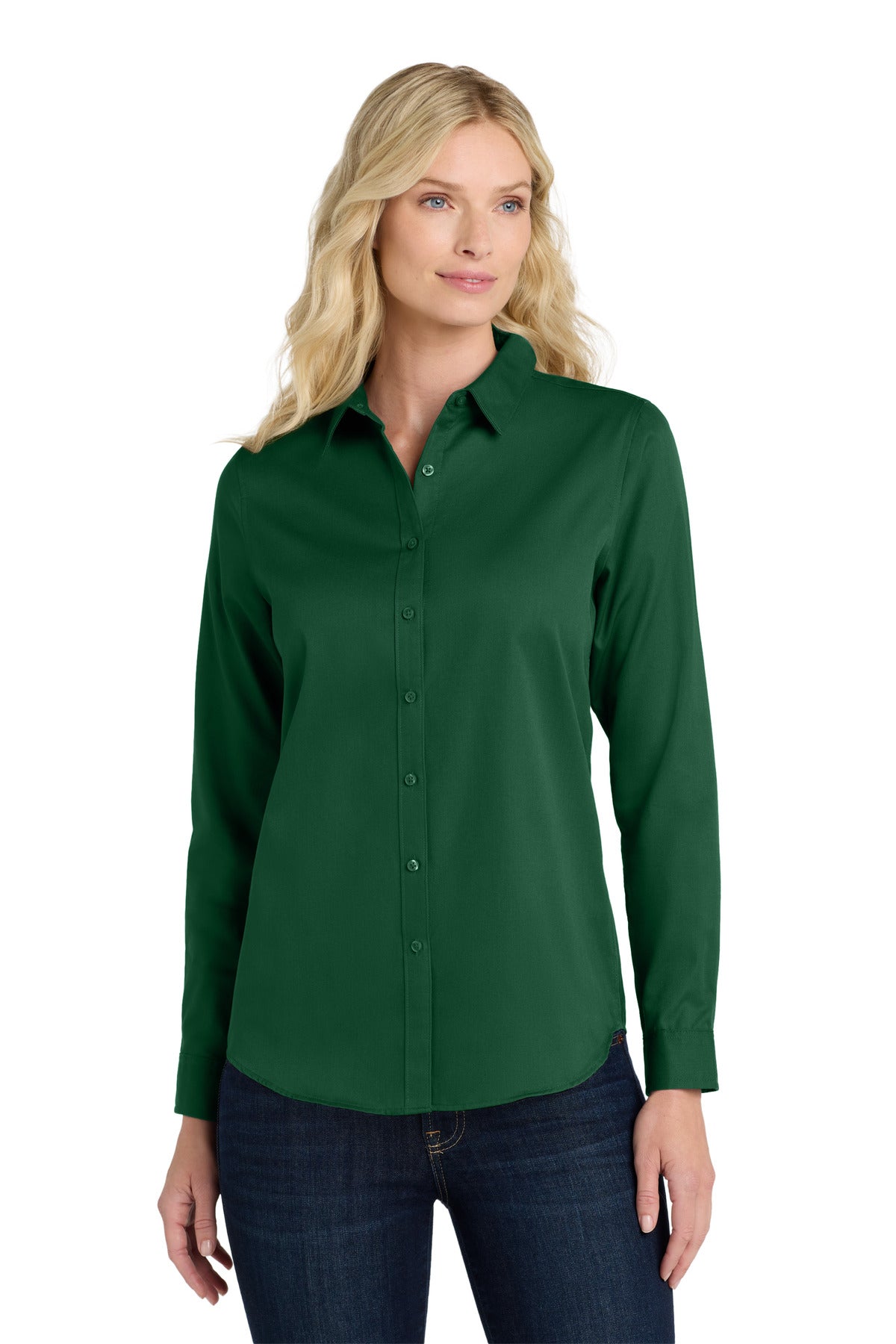 Front View of DarkGreen Port Authority Women's Long Sleeve SuperPro React Twill Shirt. LW808
