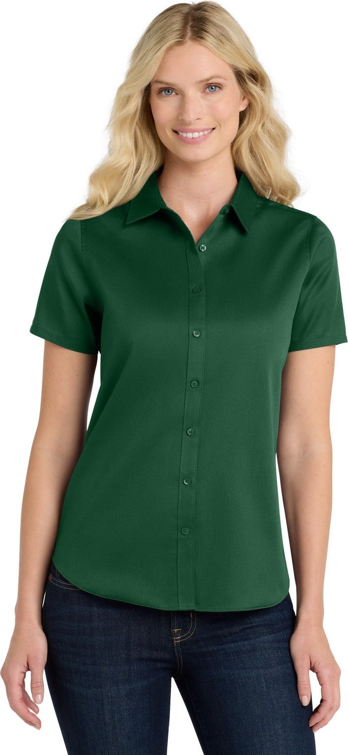 Front View of DarkGreen Port Authority Women's Short Sleeve SuperPro React Twill Shirt. LW809
