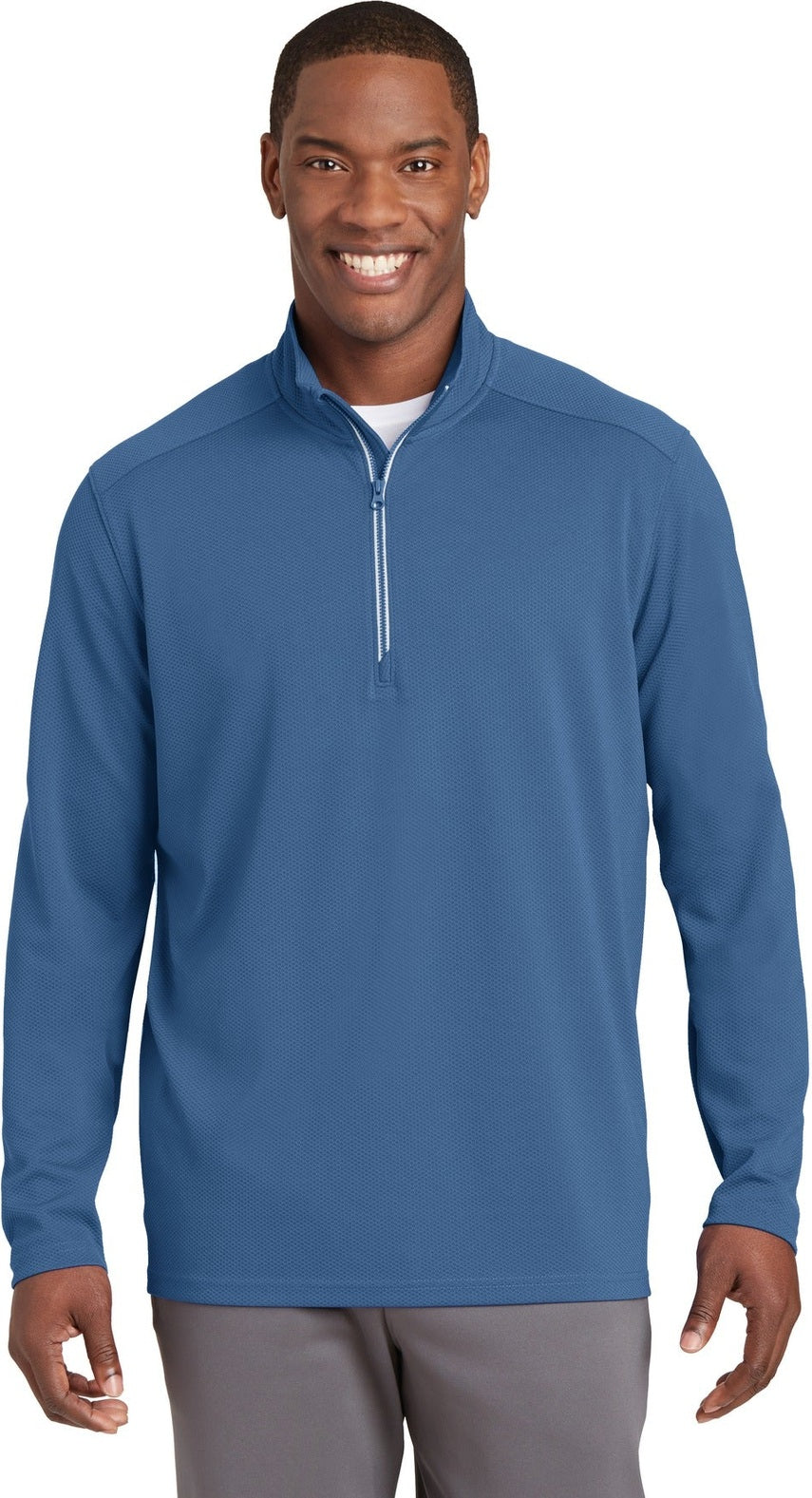 Front View of Dawn Blue Sport-Tek Sport-Wick Textured 1/4-Zip Pullover. ST860