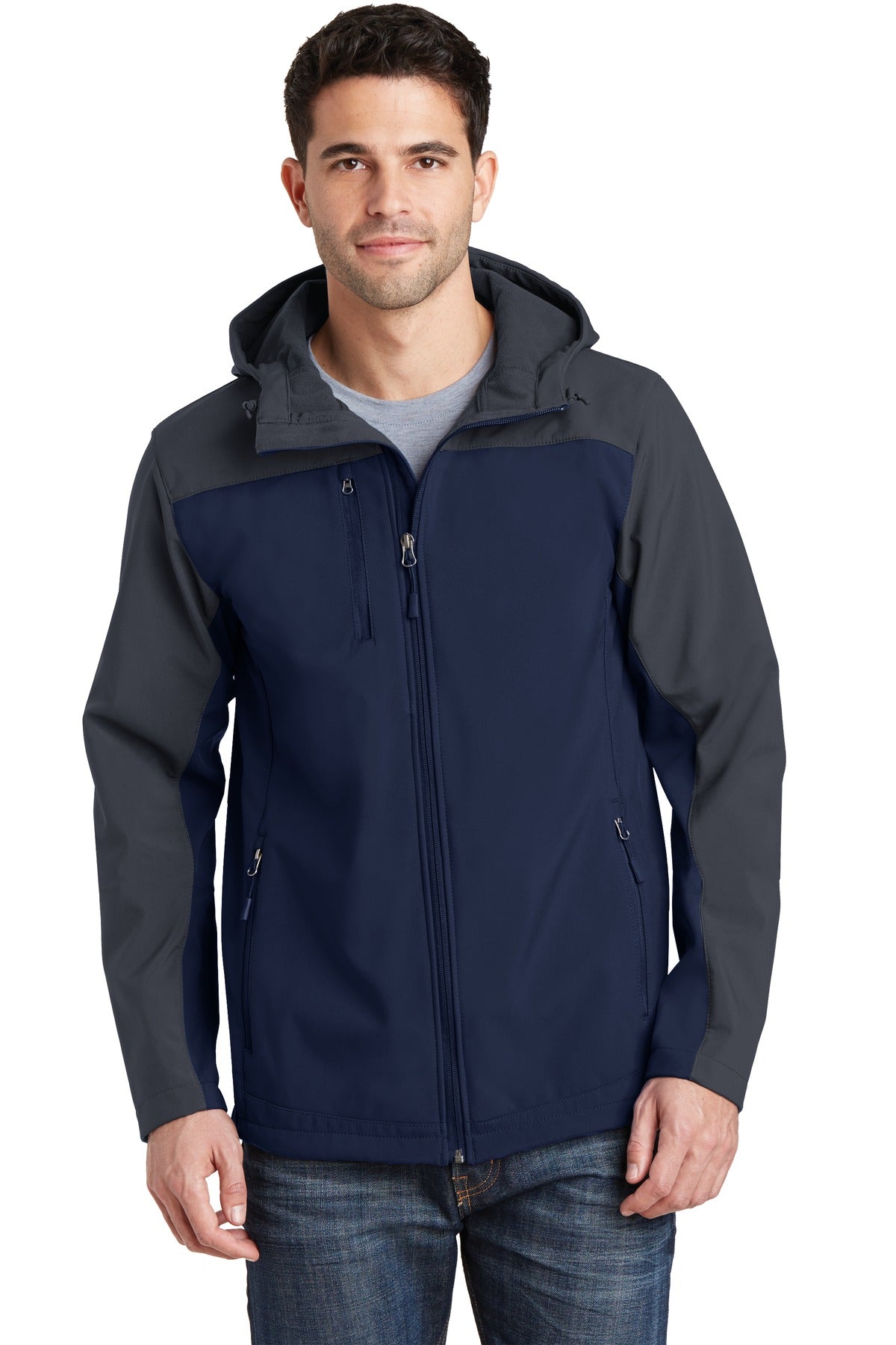 Front View of DB Nvy/Bat Gry Port Authority Hooded Core Soft Shell Jacket. J335