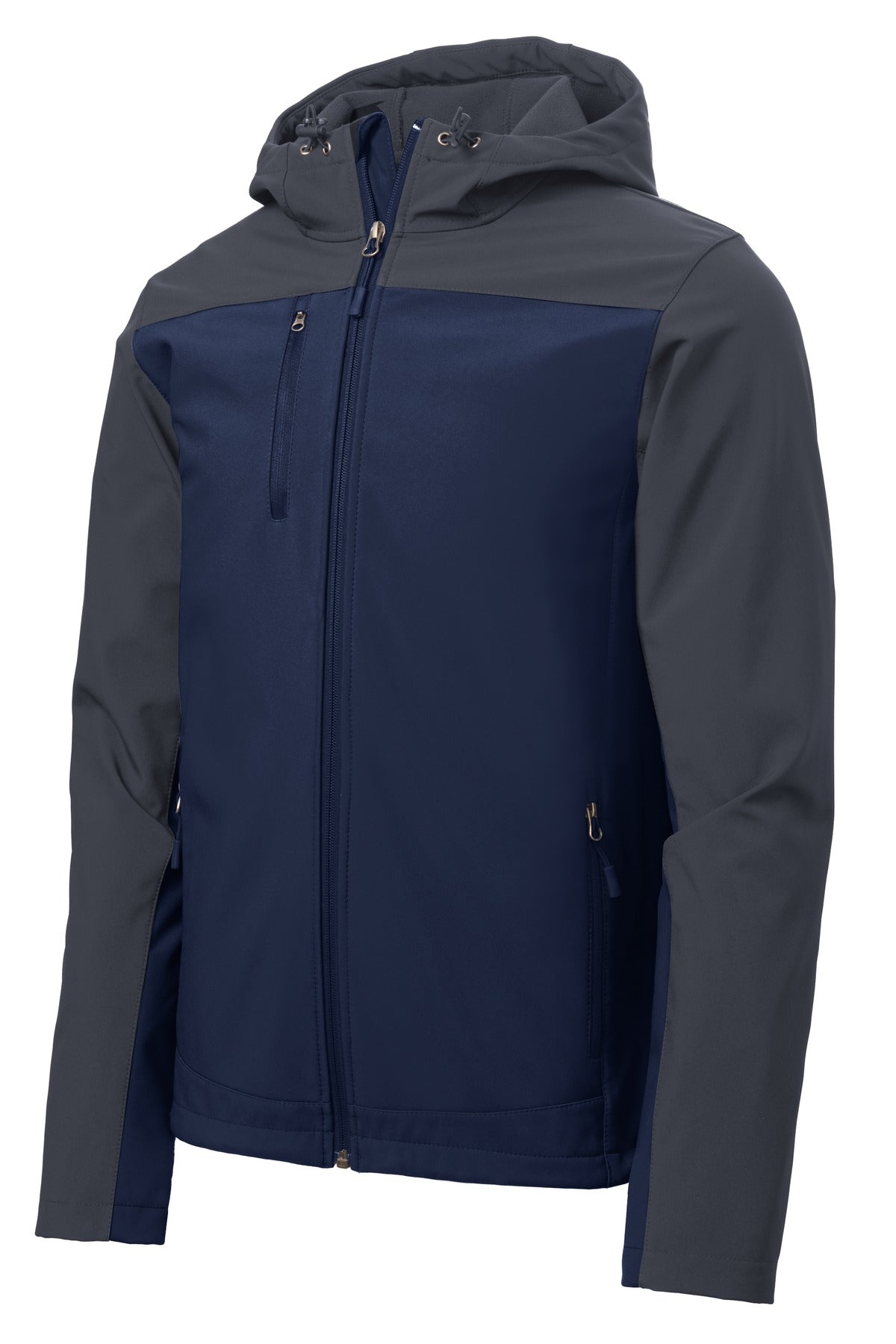 Front View of DB Nvy/Bat Gry Port Authority Hooded Core Soft Shell Jacket. J335