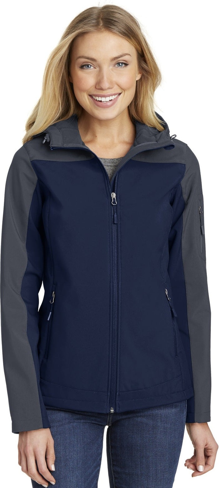 Front View of DB Nvy/Bat Gry Port Authority Women's Hooded Core Soft Shell Jacket. L335