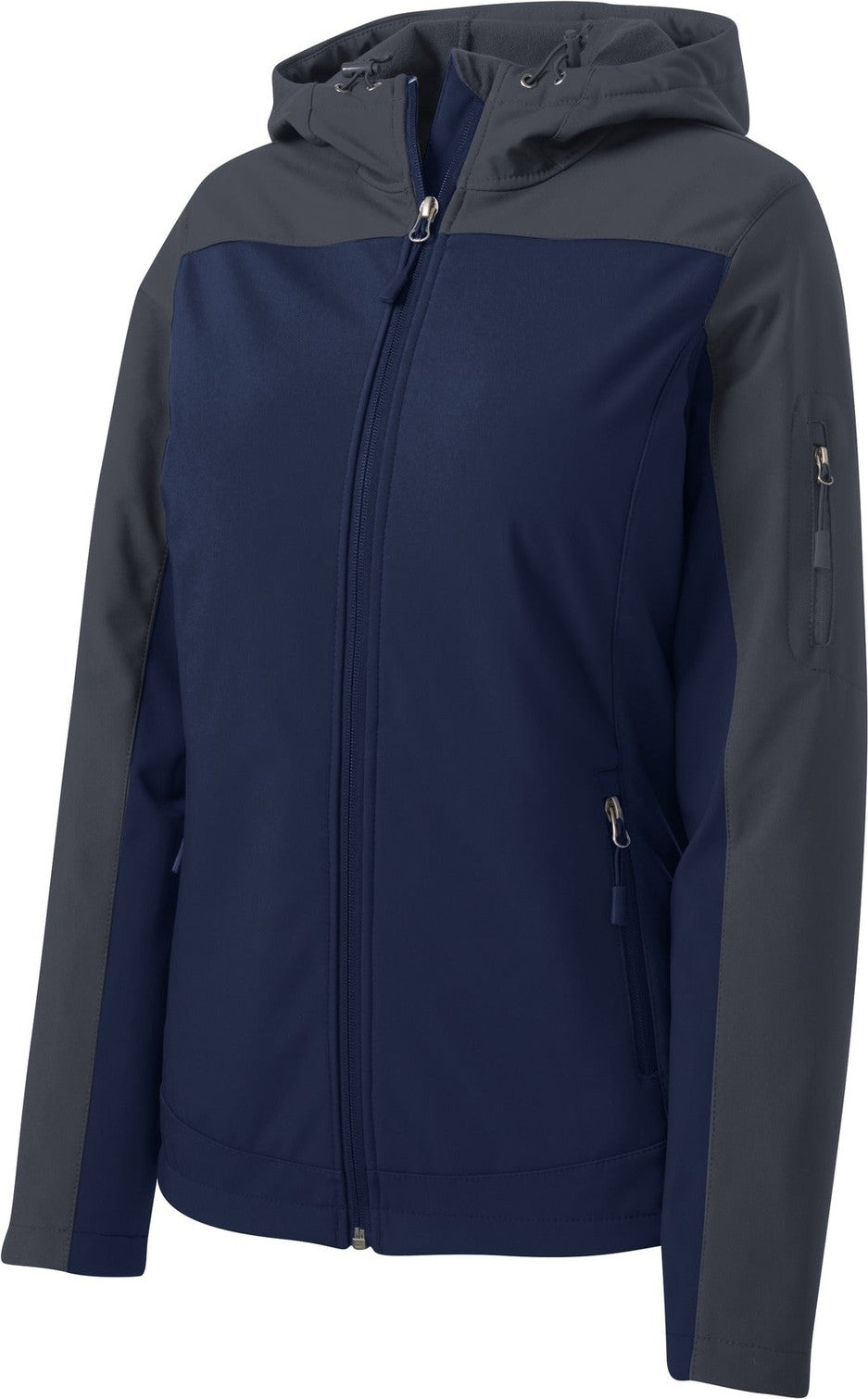 Front View of DB Nvy/Bat Gry Port Authority Women's Hooded Core Soft Shell Jacket. L335