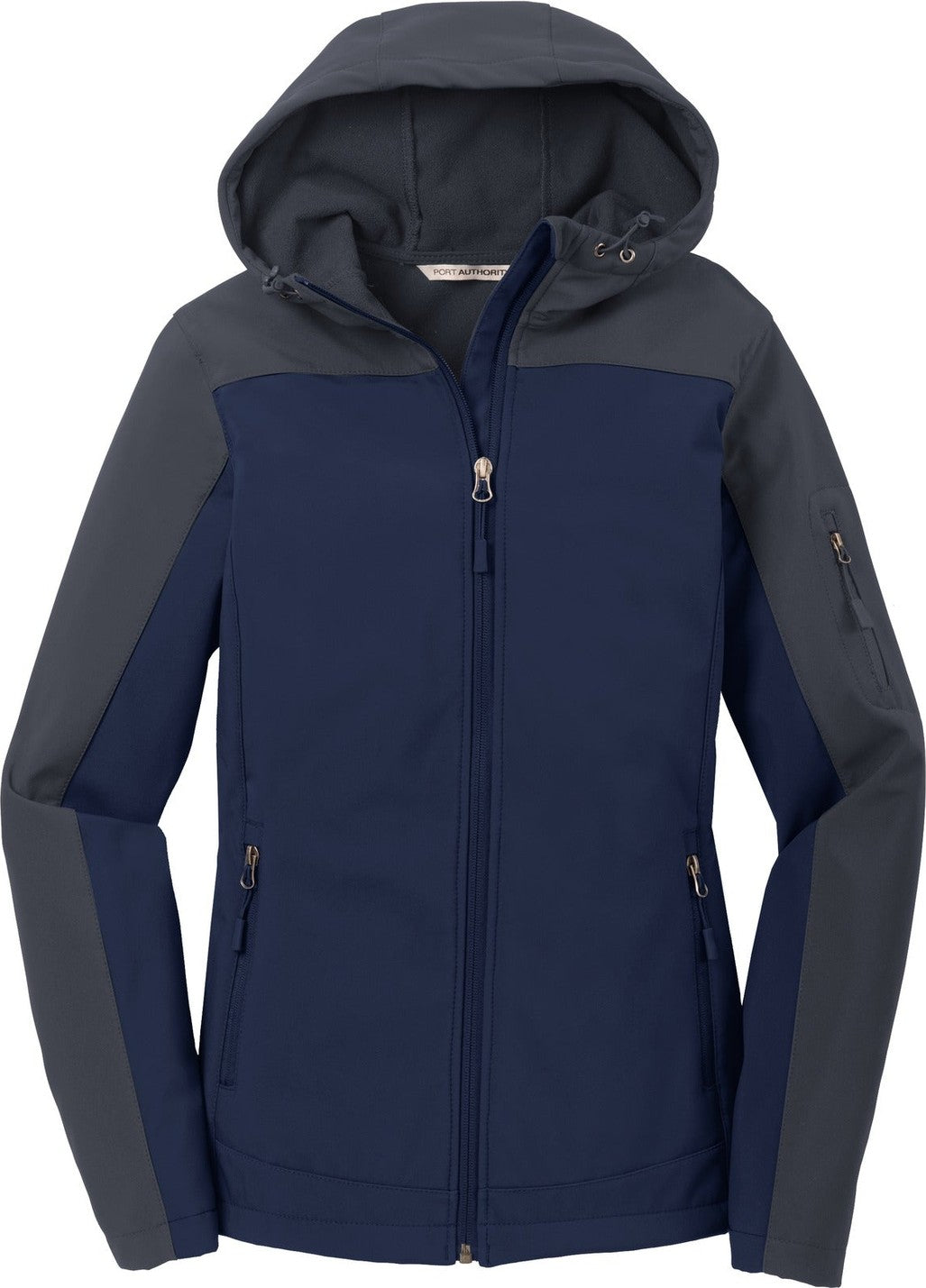 Front View of DB Nvy/Bat Gry Port Authority Women's Hooded Core Soft Shell Jacket. L335