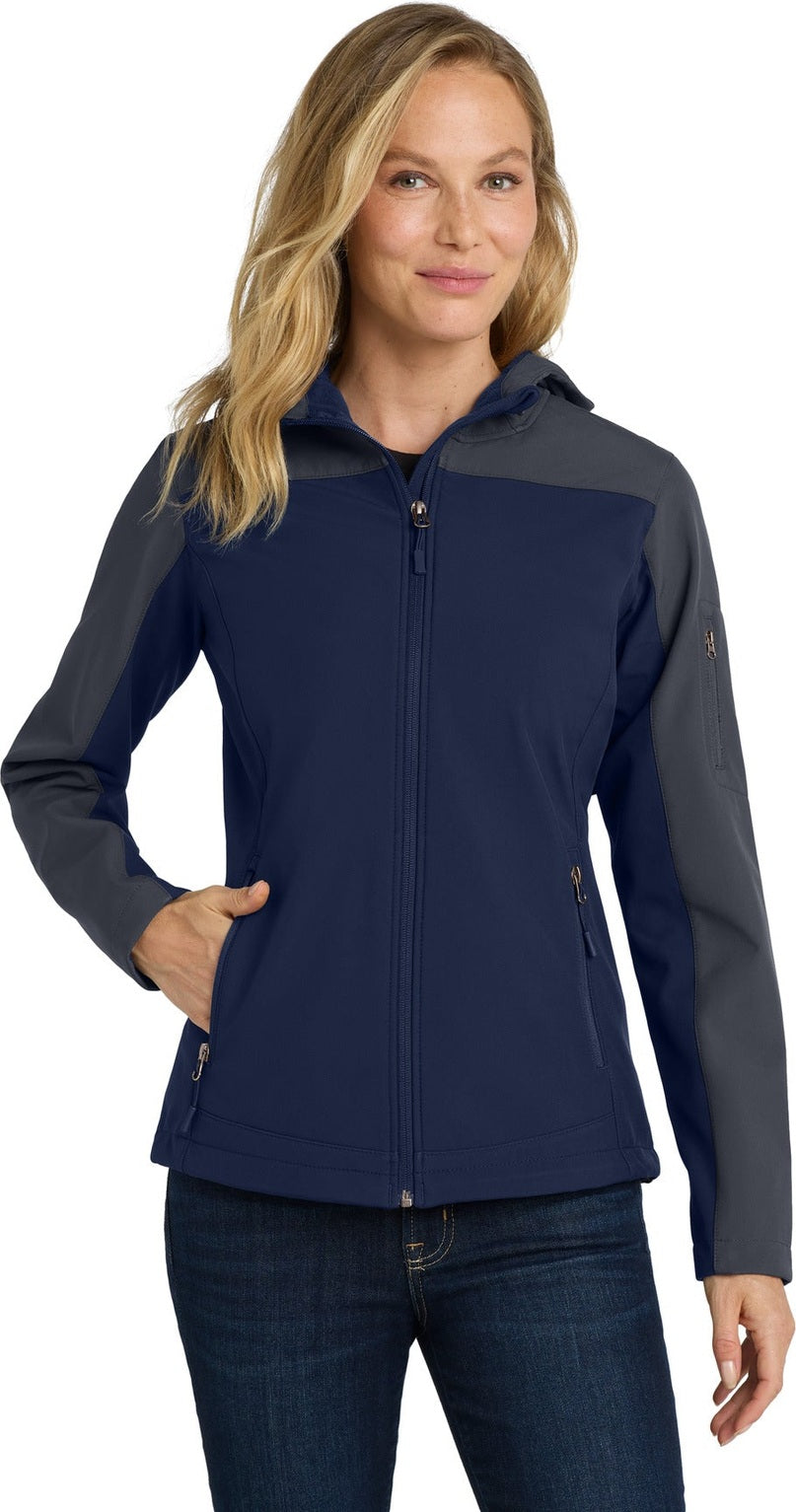 Front View of DB Nvy/Bat Gry Port Authority Women's Hooded Core Soft Shell Jacket. L335