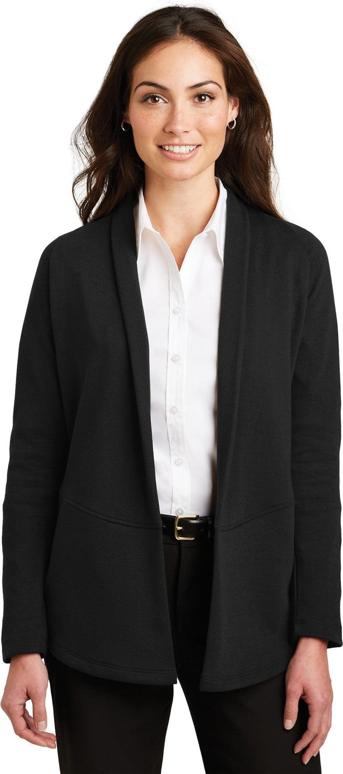 Front View of Deep Bk/Cha He Port Authority Women's Interlock Cardigan. L807