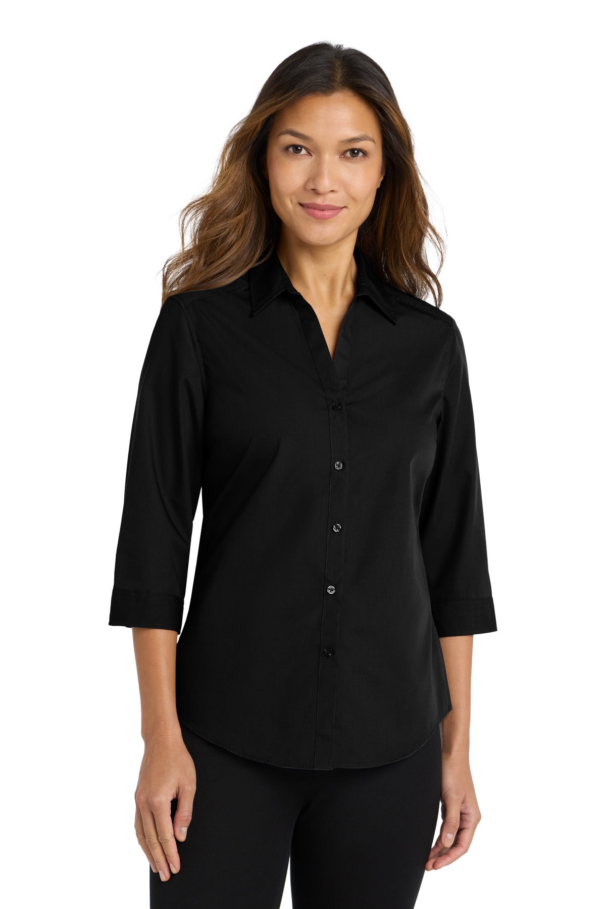Front View of Deep Black Port Authority Women's 3/4-Sleeve Carefree Poplin Shirt. LW102