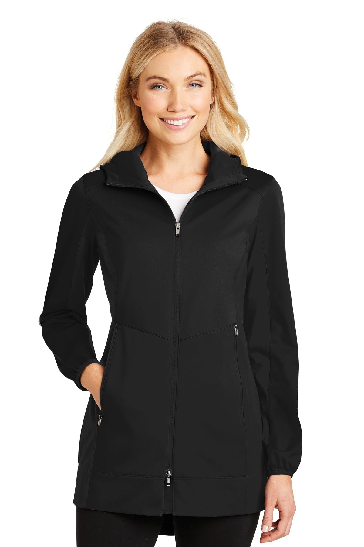 Front View of Deep Black Port Authority Women's Active Hooded Soft Shell Jacket. L719