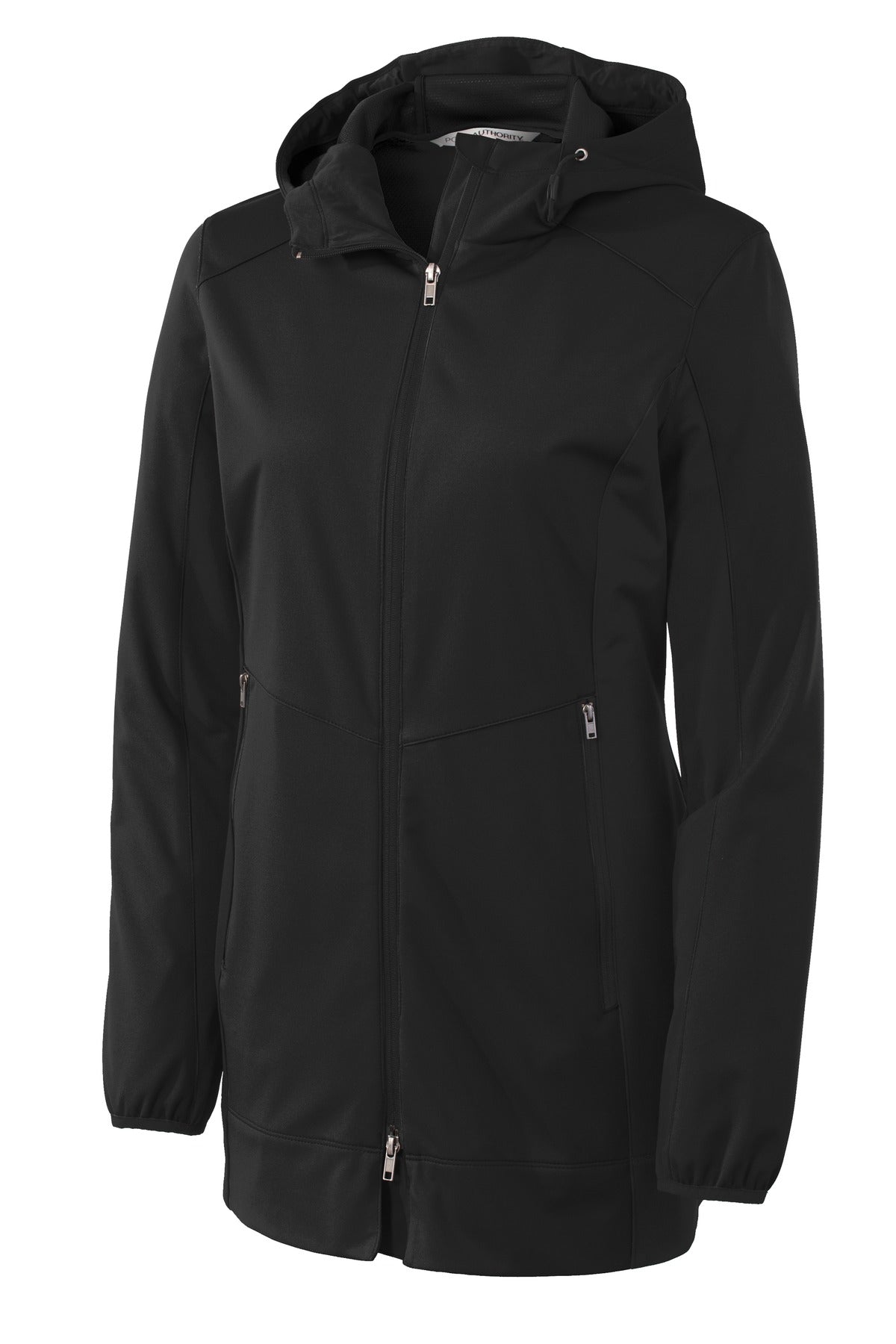 Front View of Deep Black Port Authority Women's Active Hooded Soft Shell Jacket. L719
