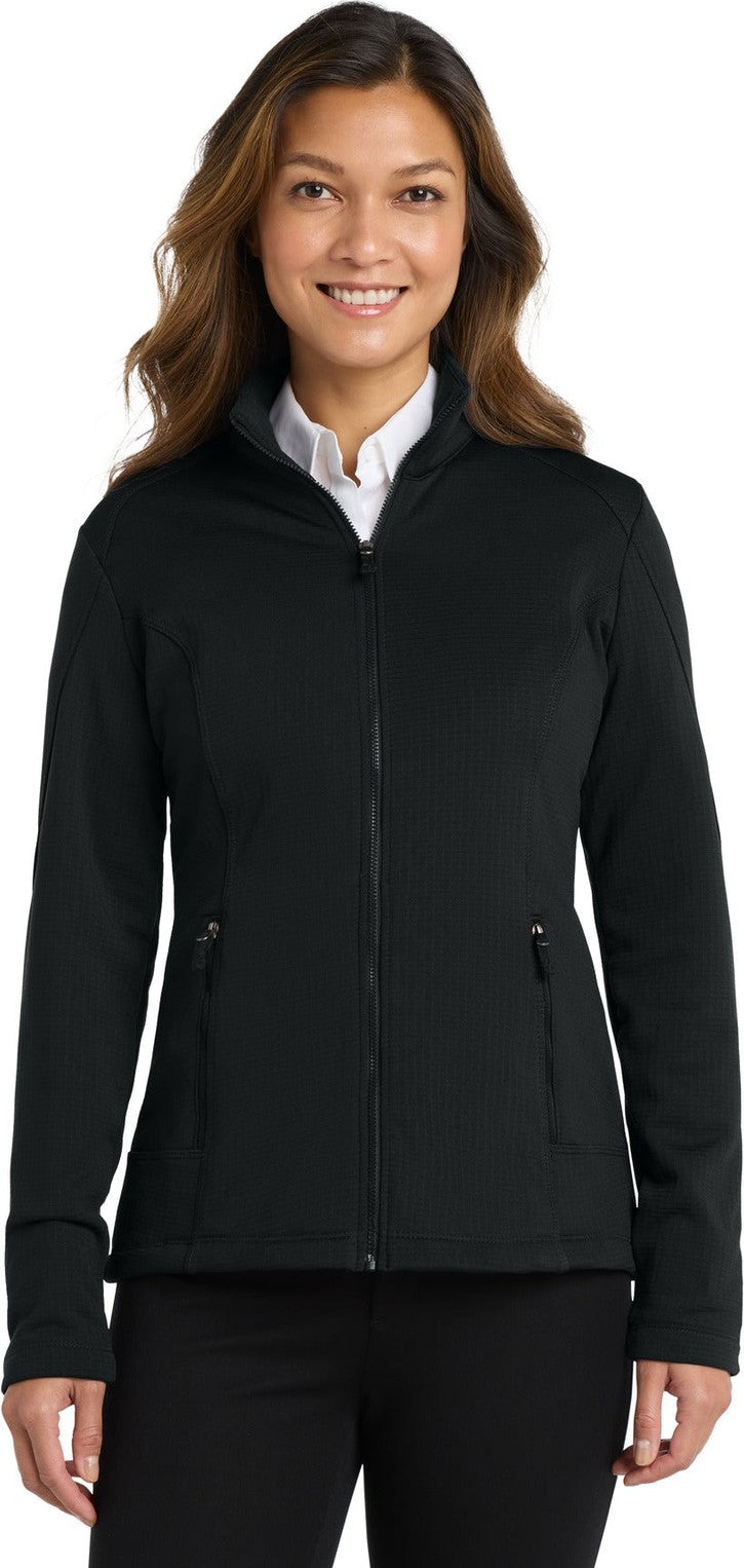 Front View of Deep Black Port Authority Women's Grid Fleece Jacket. L239