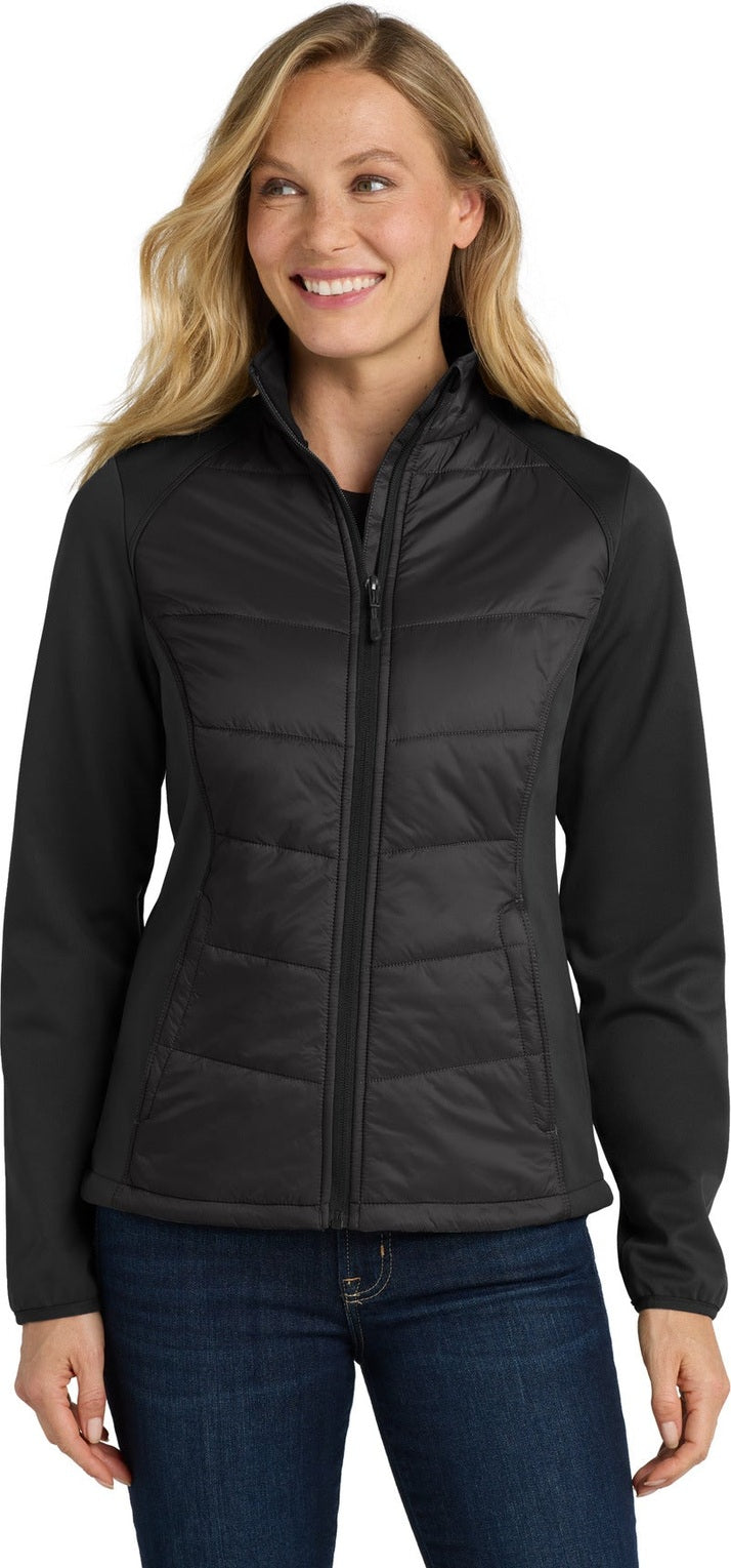 Front View of Deep Black Port Authority Women's Hybrid Soft Shell Jacket. L787