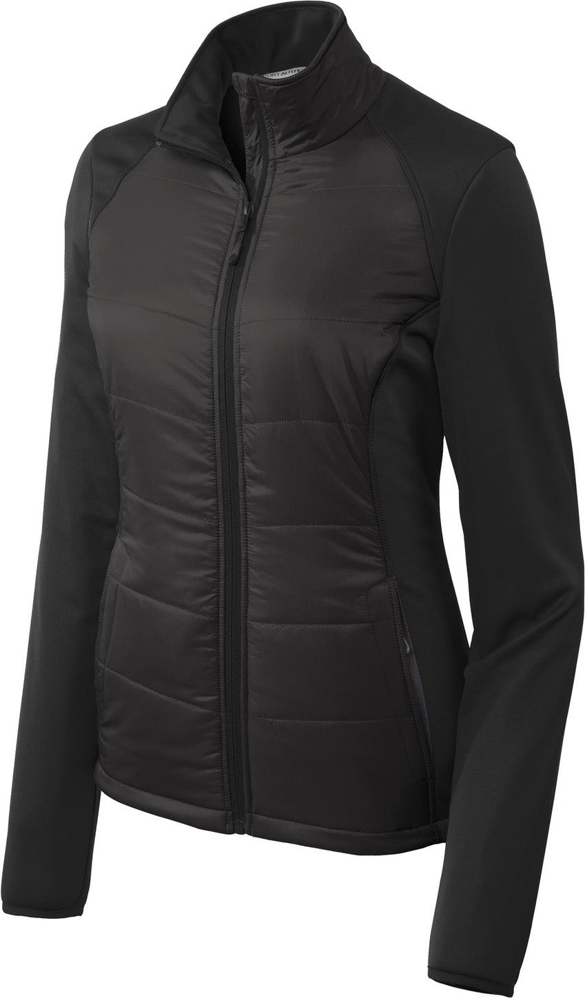 Front View of Deep Black Port Authority Women's Hybrid Soft Shell Jacket. L787