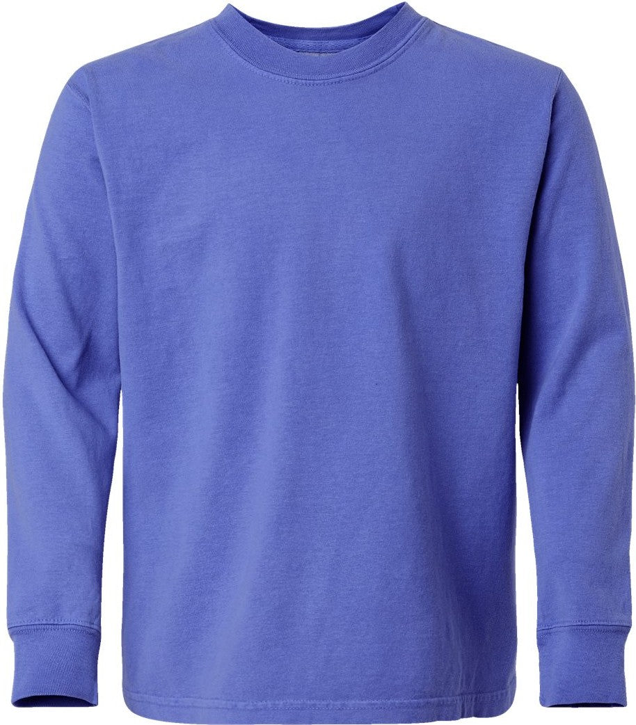 Front View of Deep Forte Blue Garment-Dyed Youth Long Sleeve T-Shirt - GDH275