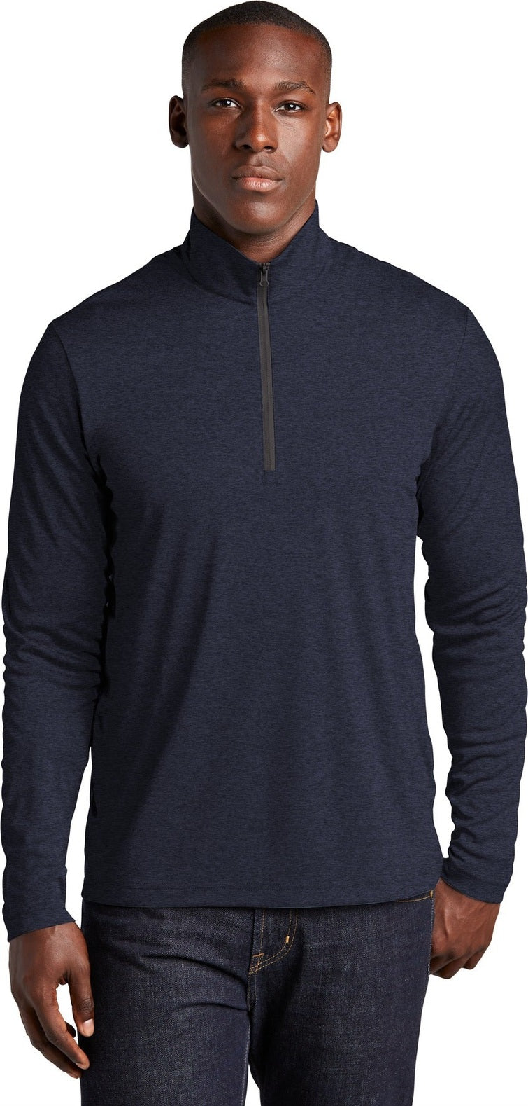 Front View of Deep Navy Hthr Sport-Tek Endeavor 1/2-Zip Pullover. ST469