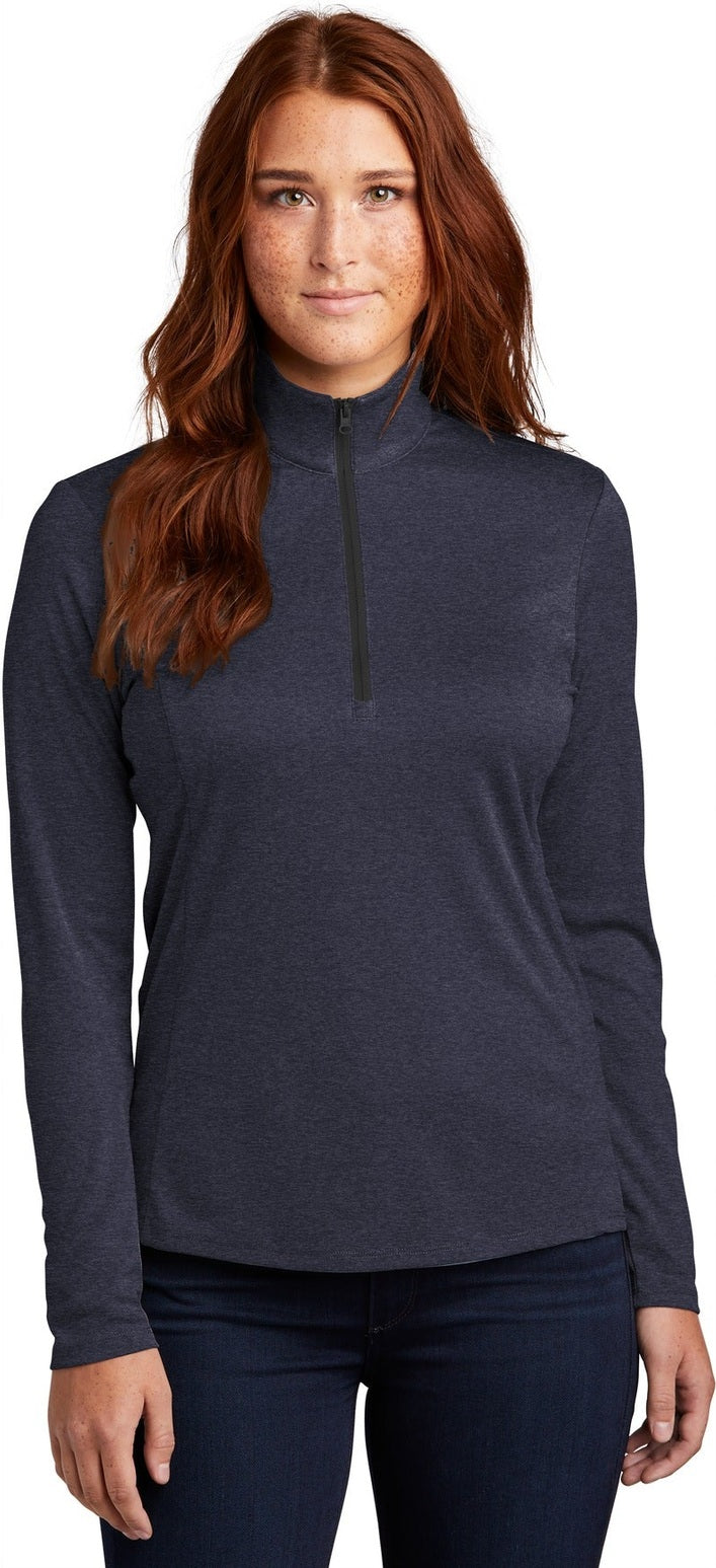 Front View of Deep Navy Hthr Sport-Tek Women's Endeavor 1/2-Zip Pullover. LST469