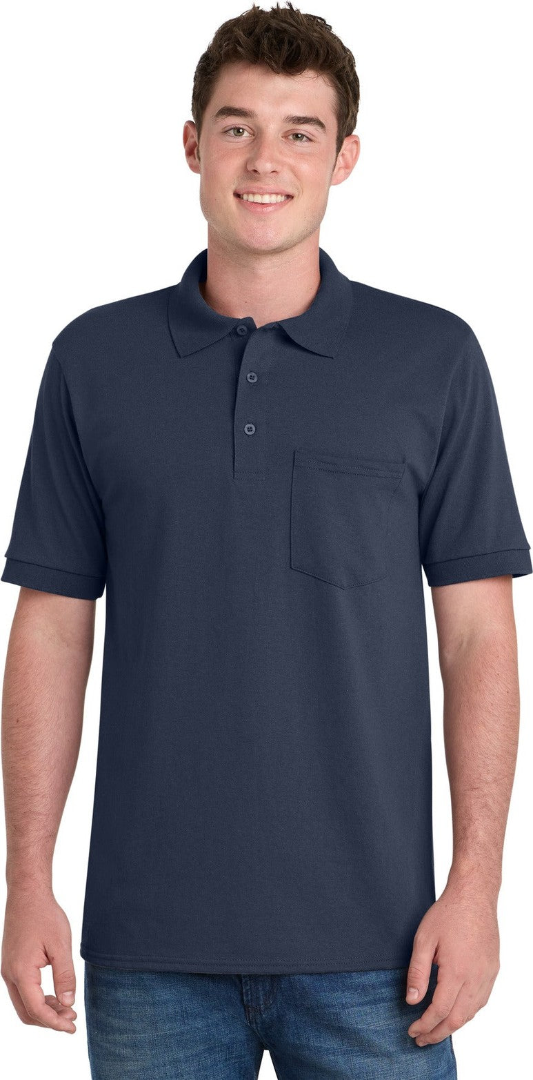 Front View of Deep Navy Port & Co Core Blend Jersey Knit Pocket Polo. KP55P