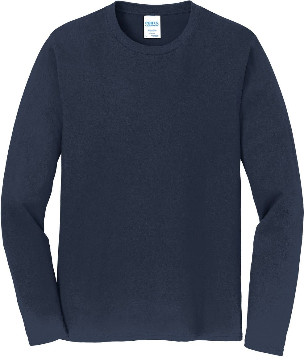 Front View of Deep Navy Port & Co Long Sleeve Fan Favorite Tee. PC450LS