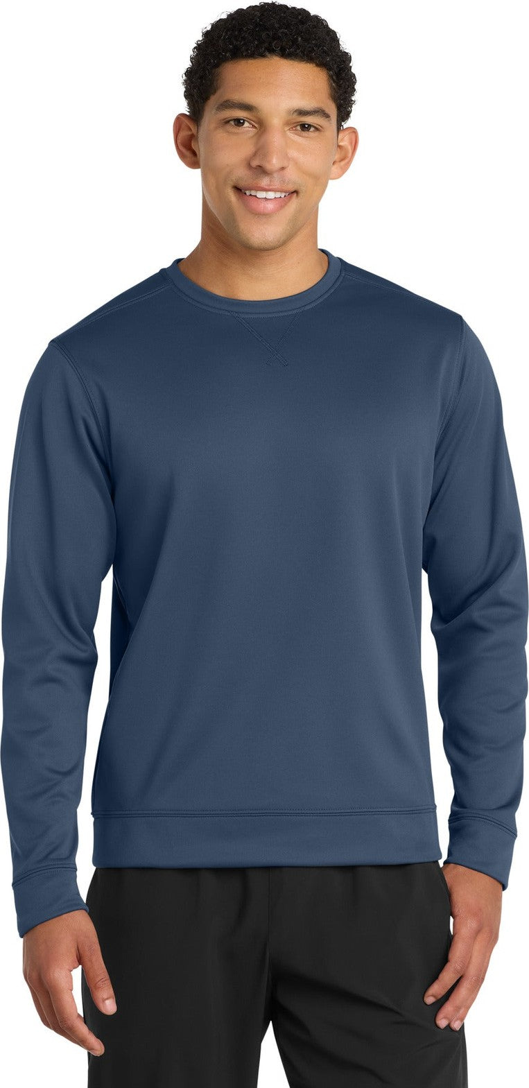 Front View of Deep Navy Port & Co Performance Fleece Crewneck Sweatshirt. PC590