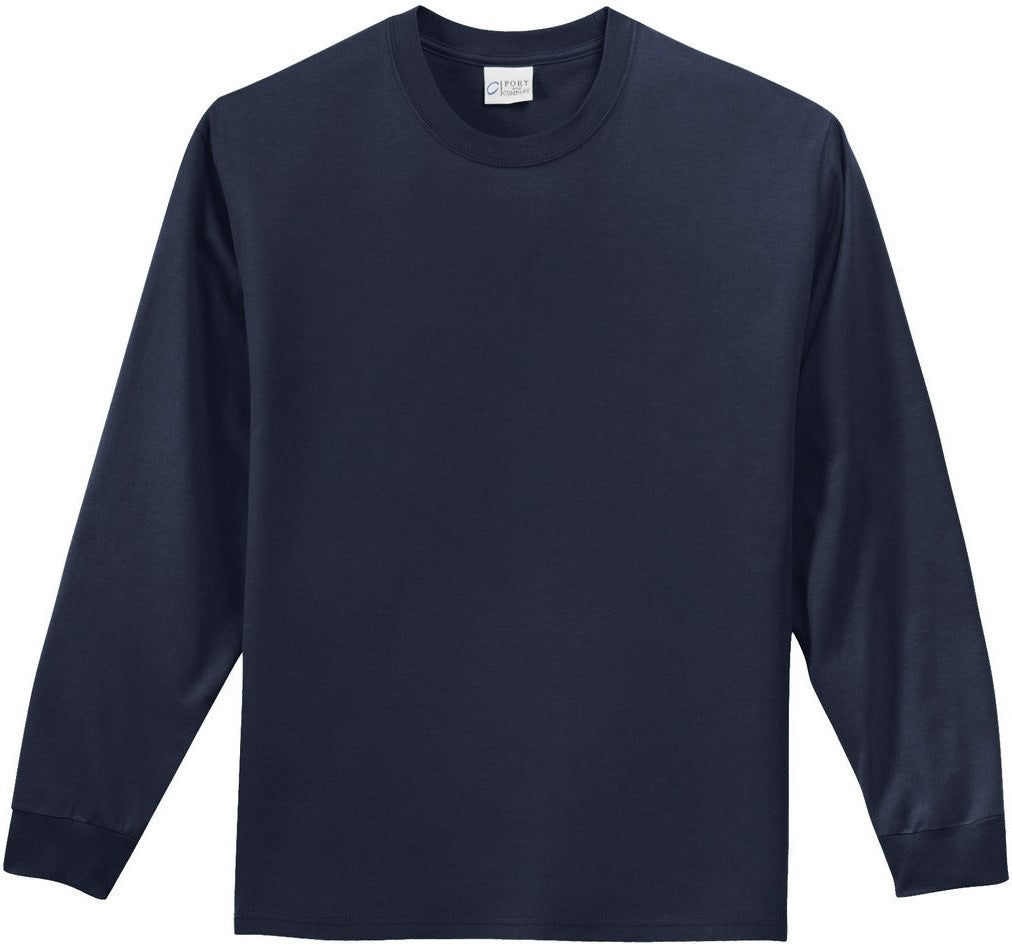 Front View of Deep Navy Port & Co Tall Long Sleeve Essential Tee. PC61LST