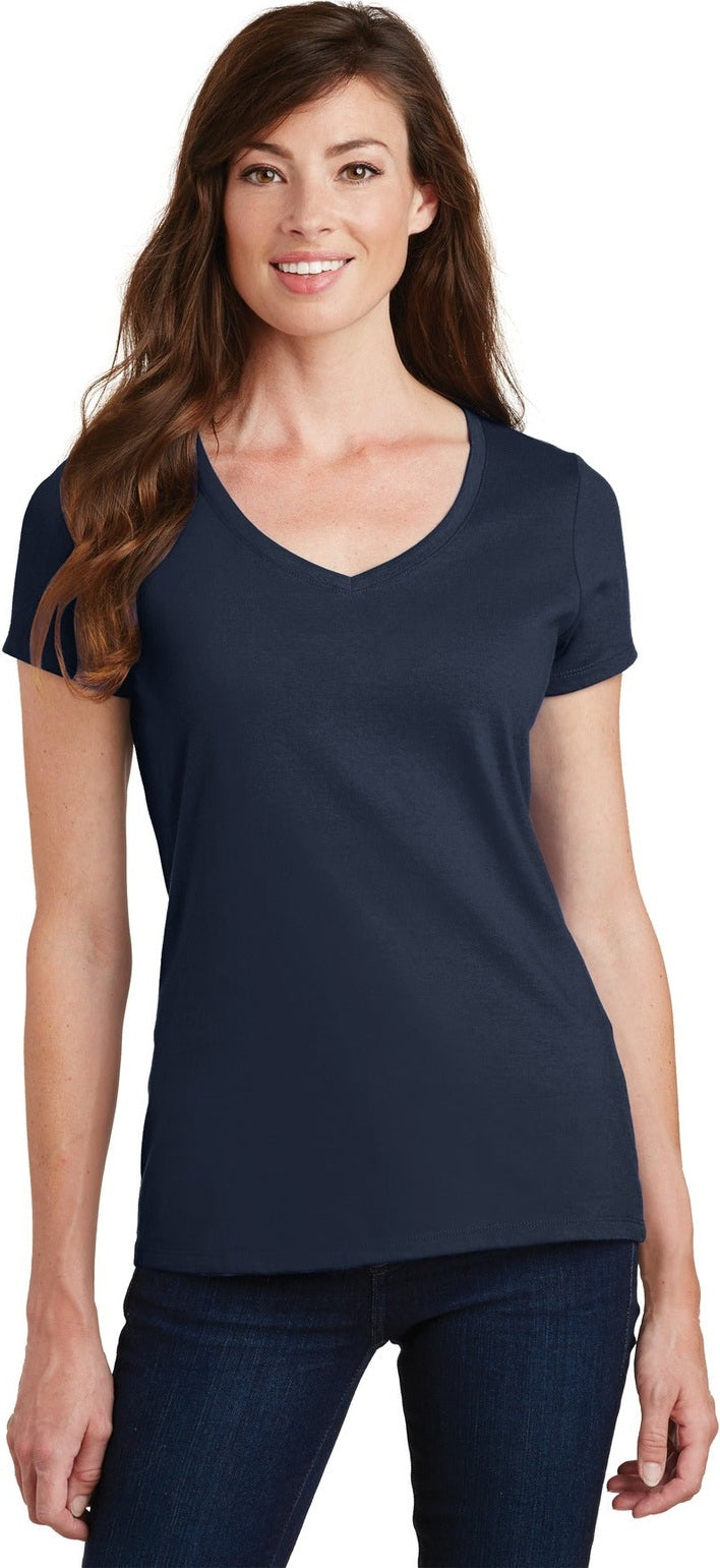 Front View of Deep Navy Port & Co Women's Fan Favorite V-Neck Tee. LPC450V