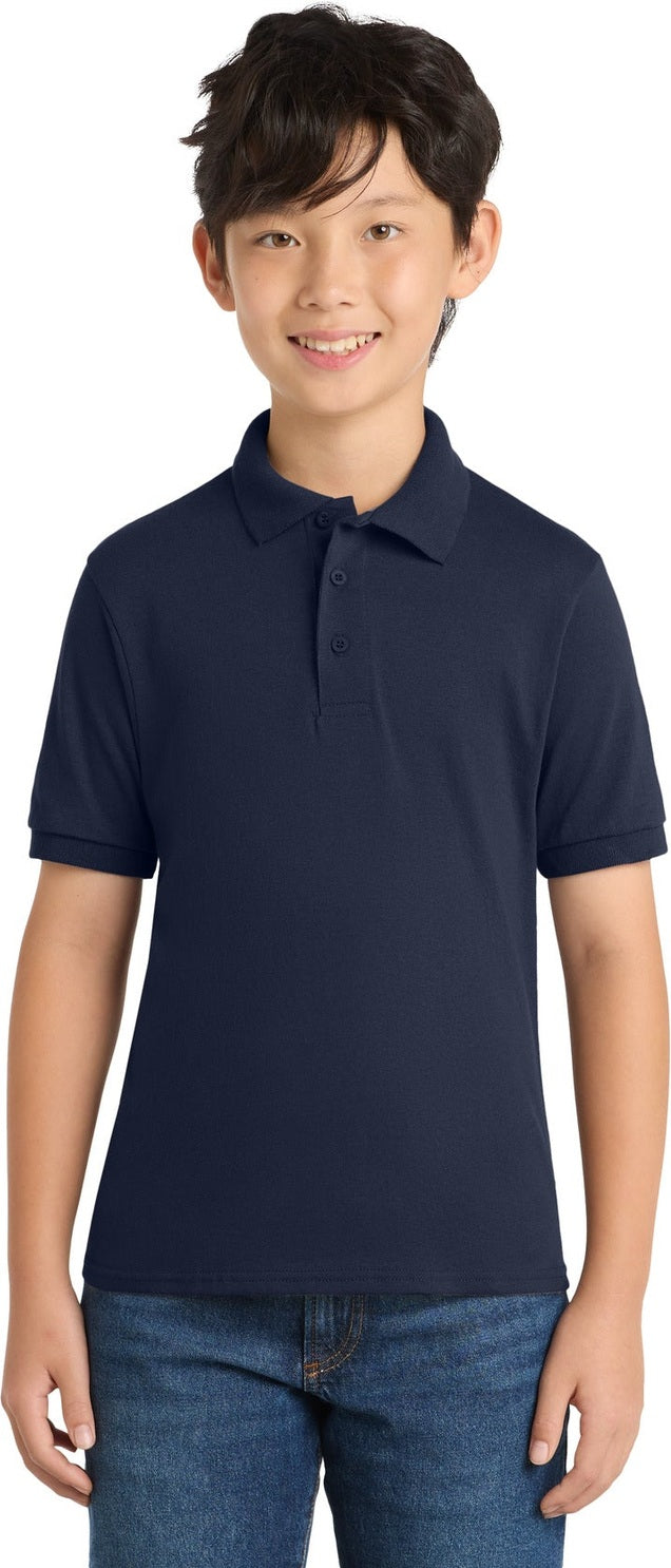 Front View of Deep Navy Port & Co Youth Core Blend Jersey Knit Polo. KP55Y