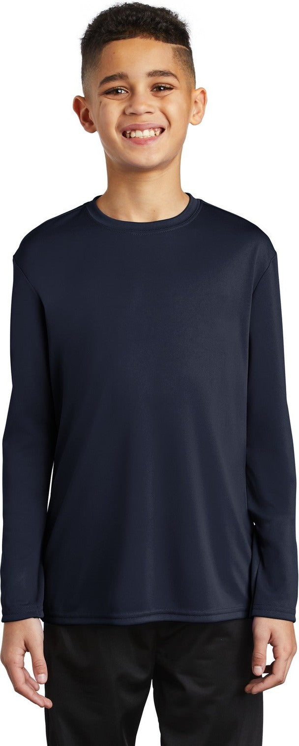 Front View of Deep Navy Port & Co Youth Long Sleeve Performance Tee PC380YLS