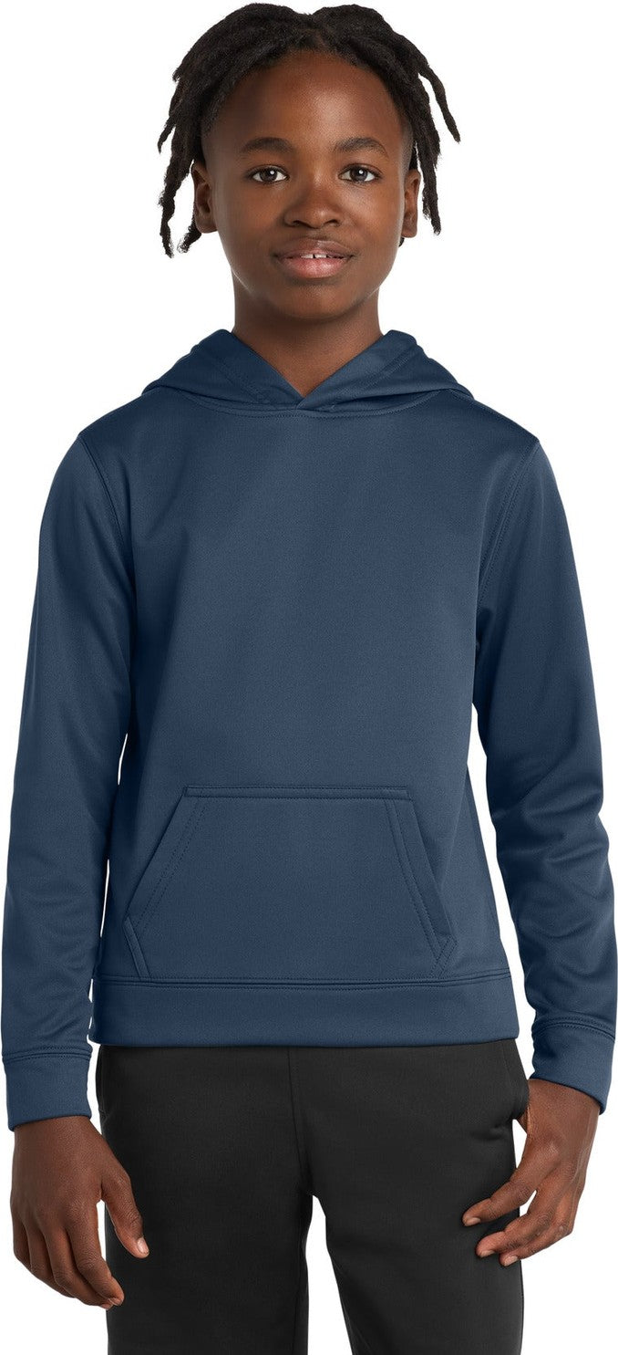 Front View of Deep Navy Port & Co Youth Performance Fleece Pullover Hooded Sweatshirt. PC590YH
