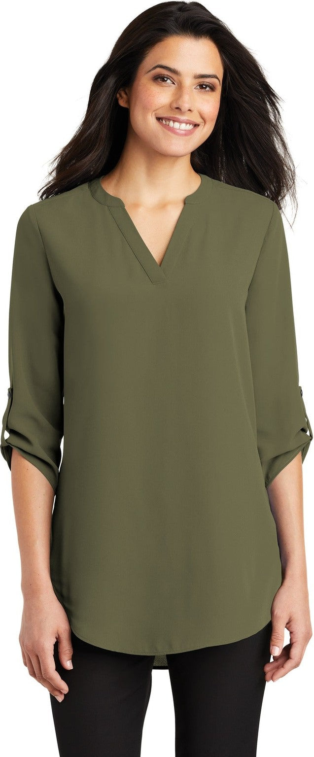 Front View of Deep Olive Port Authority Women's 3/4-Sleeve Tunic Blouse. LW701